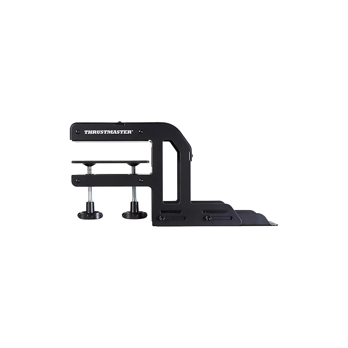 Schwarze Thrustmaster Tischhalterung aus Metall mit zwei Schraubklemmen vor weißem Hintergrund.