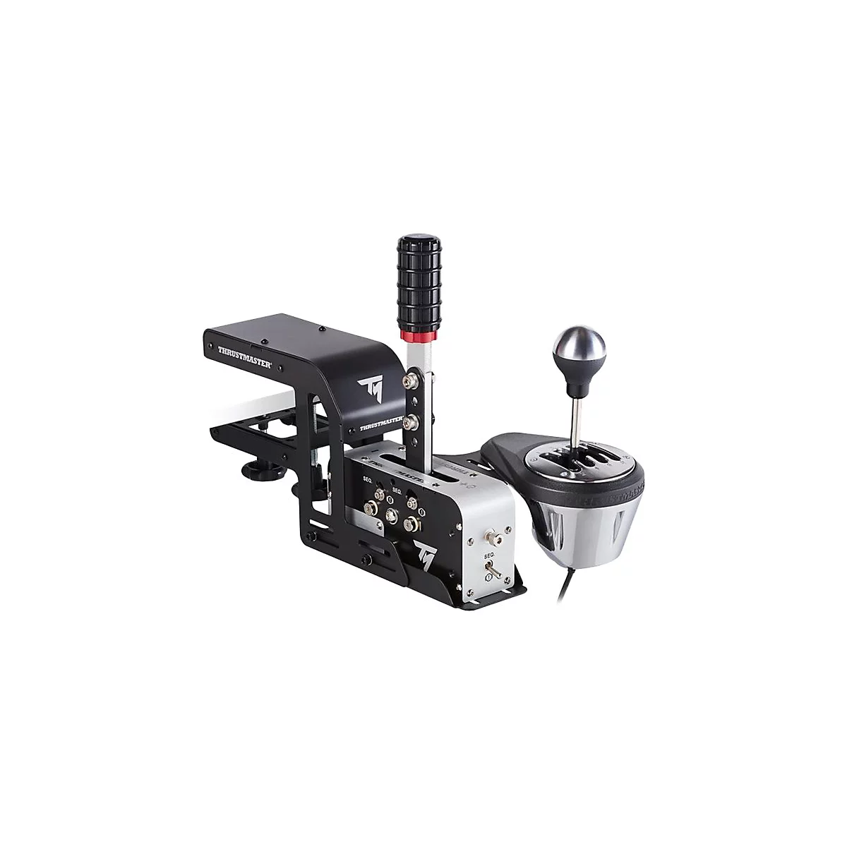 Thrustmaster TH8A Gaming-Schalthebel mit sequenziellem und H-Schaltschema auf einer Halterung vor weißem Hintergrund.