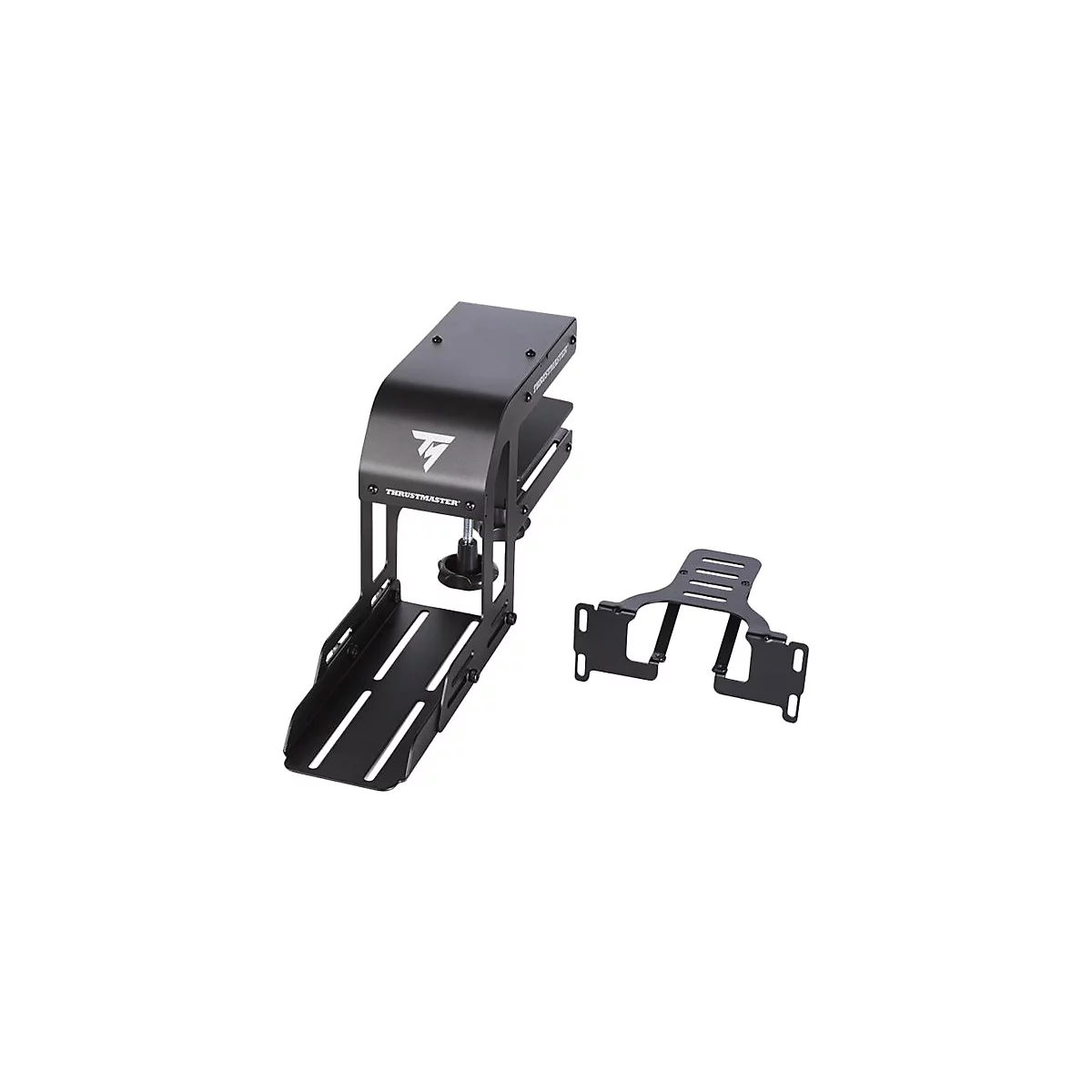 Schwarze Metall-Tischklemme für Gaming-Lenkräder mit beiliegender Montageplatte vor weißem Hintergrund.