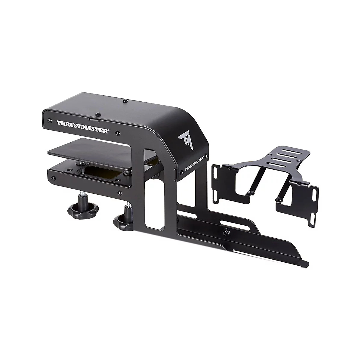 Schwarze Metalltischhalterung für Gaming-Zubehör mit Thrustmaster-Logo vor weißem Hintergrund.