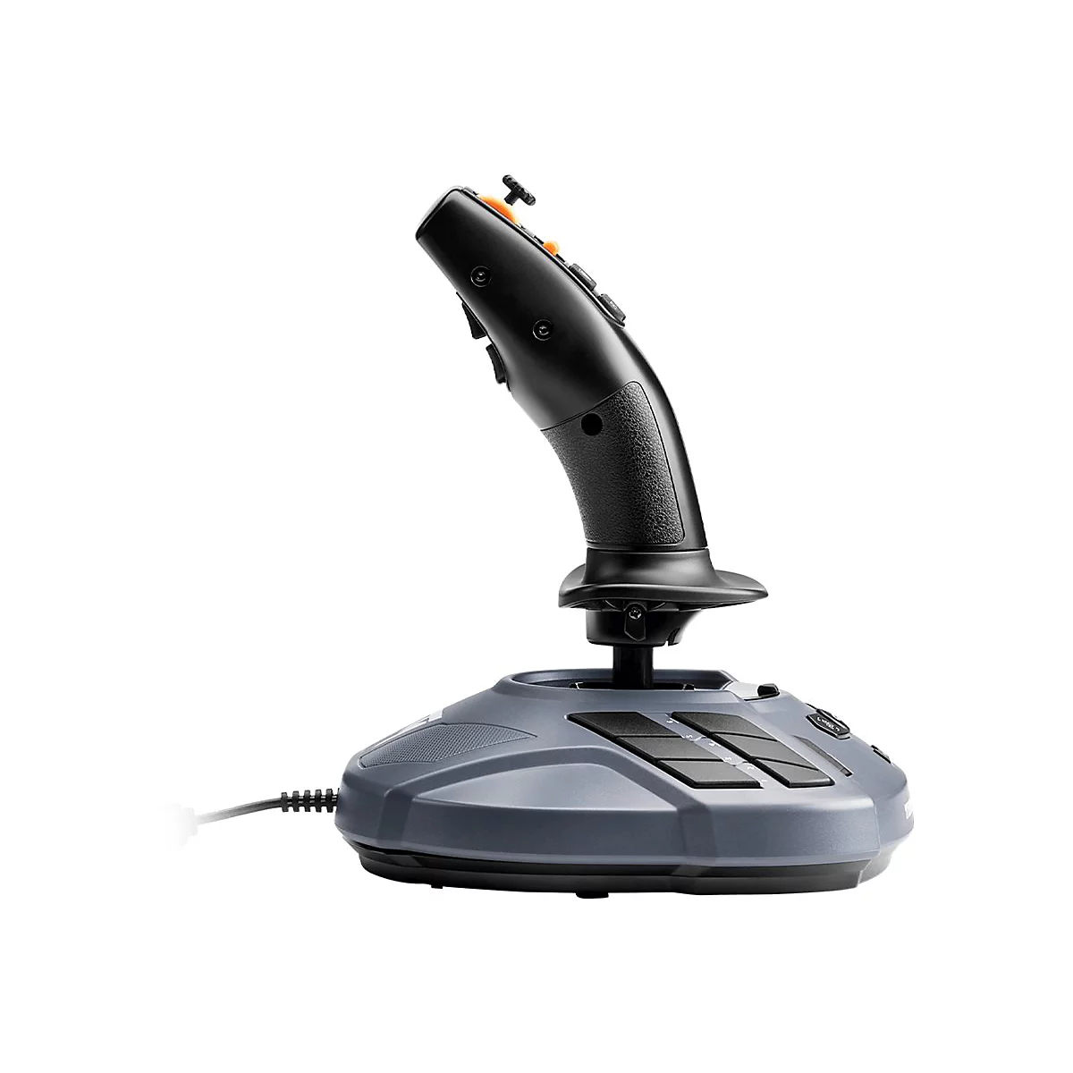 Schwarzer Gaming-Joystick auf grauer Basis mit Tasten und orangefarbenem Akzent vor weißem Hintergrund.