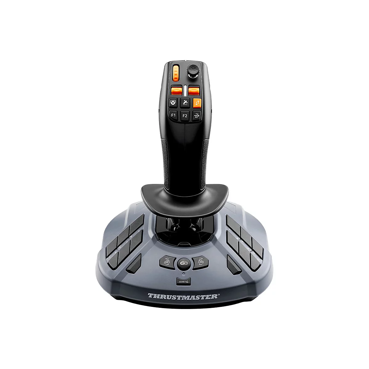 Schwarzer Thrustmaster Joystick für Landwirtschaftssimulatoren mit grauer Basis, orangen Tasten und vielen Funktionstasten.