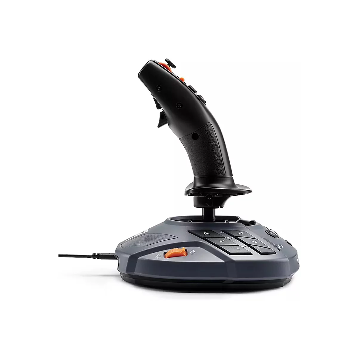 Schwarzer Gaming-Joystick mit grauer Basis, Tasten und orangen Akzenten vor weißem Hintergrund.
