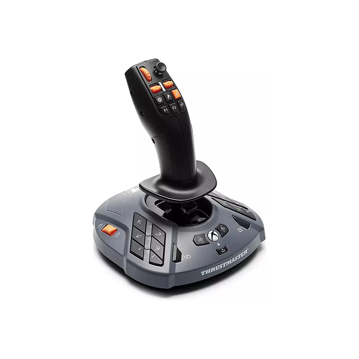 Schwarzer Gaming-Joystick von Thrustmaster mit grauer Basis, orangefarbenen Tasten und Xbox-Symbol.