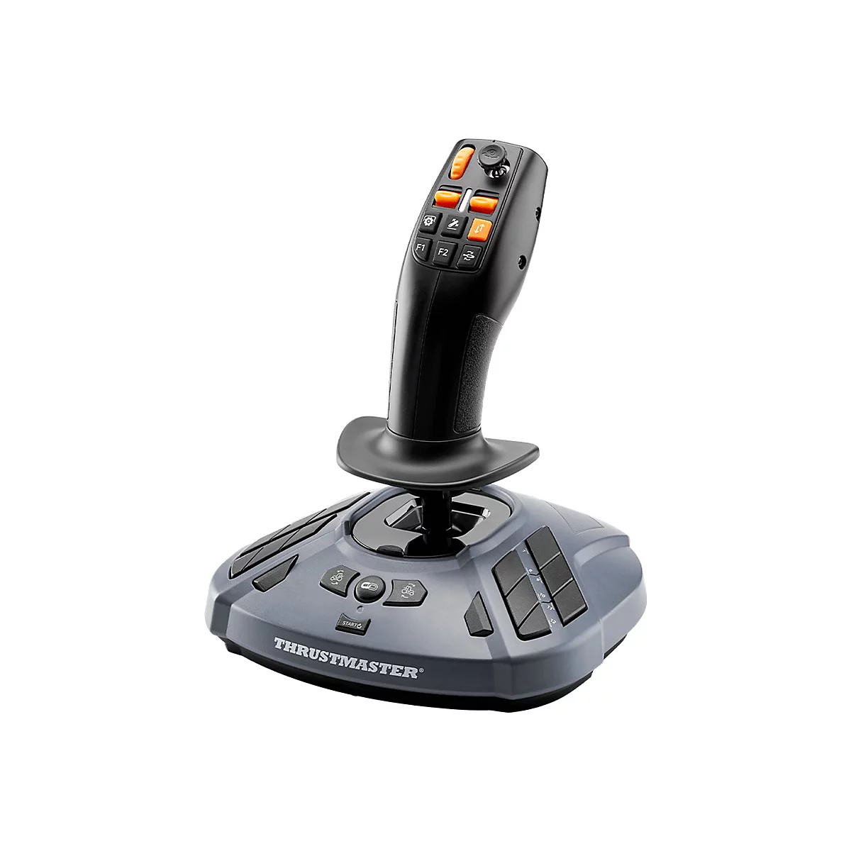 Schwarzer Thrustmaster Joystick für Simulationen mit grauer Basis und zahlreichen orangefarbenen sowie schwarzen Tasten.
