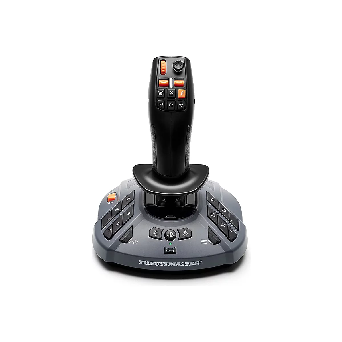 Schwarzer Gaming-Joystick von Thrustmaster auf grauer Basis mit orangefarbenen Tasten, vor weißem Hintergrund.