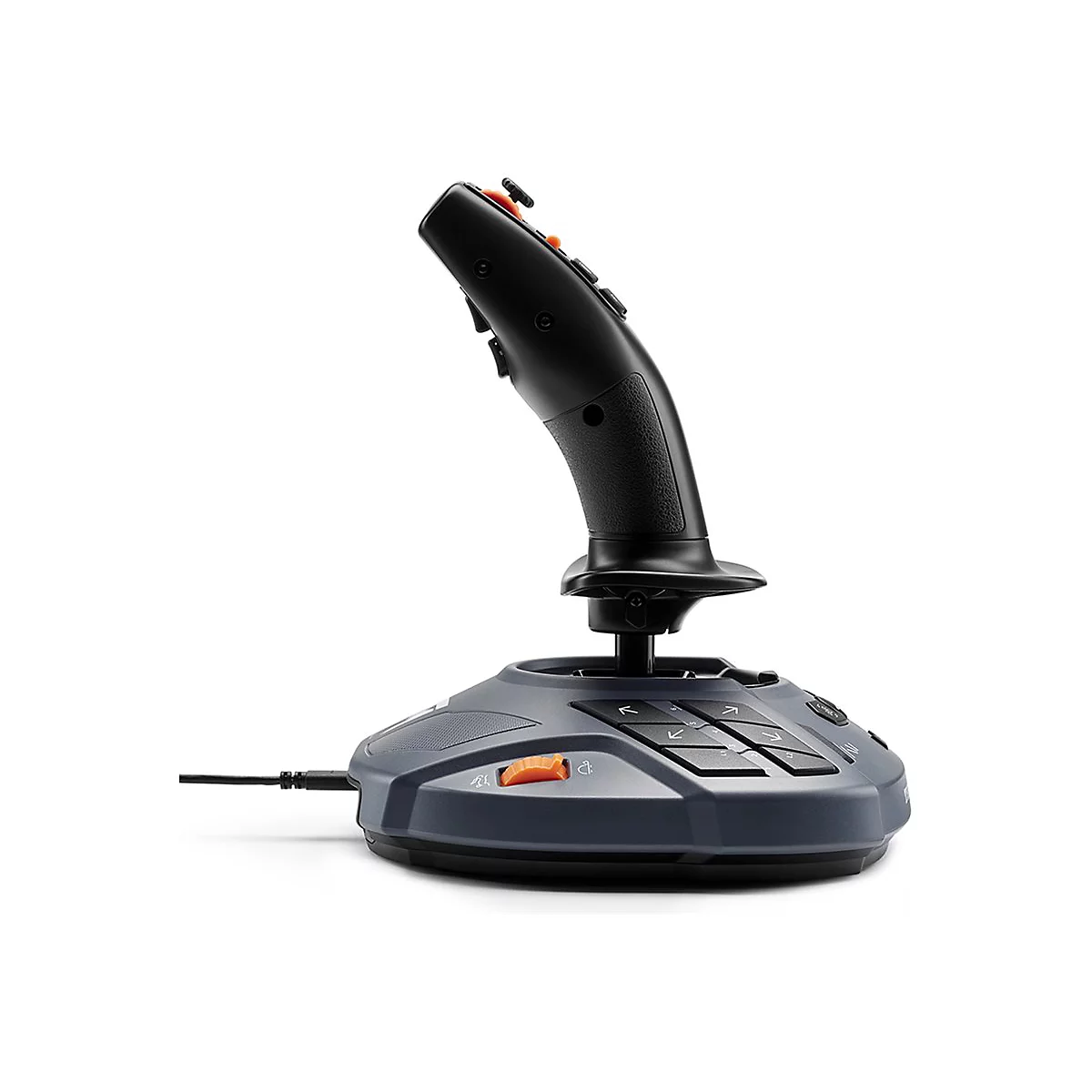 Schwarzer Gaming-Joystick mit einer grauen Basis und orangen Akzenten vor weißem Hintergrund.