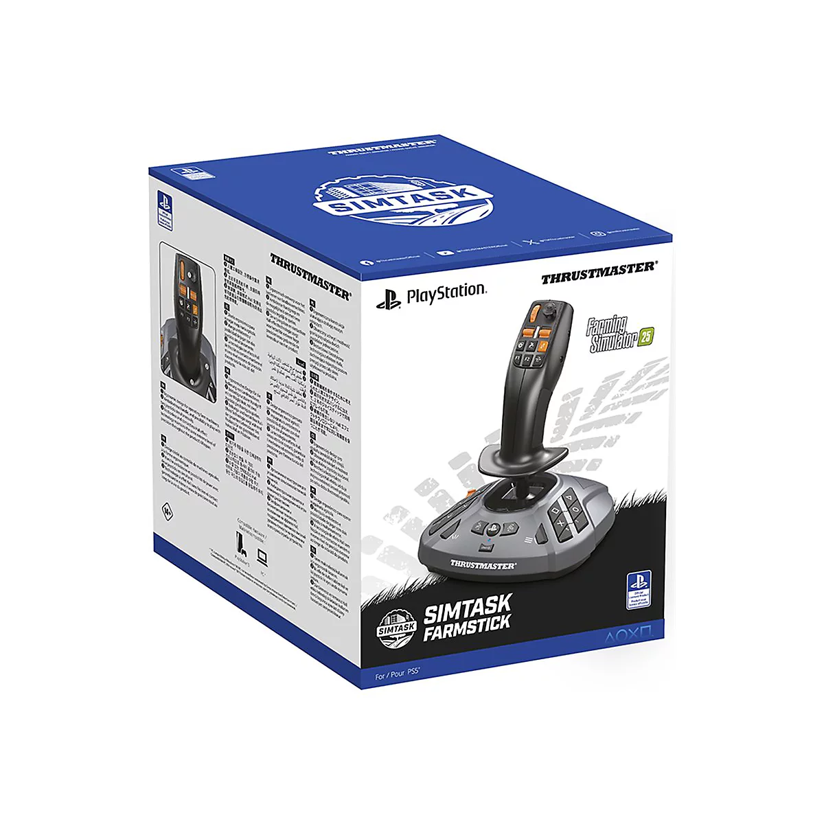 Verpackung des Thrustmaster SimTask FarmStick Joysticks für PlayStation 5 vor weißem Hintergrund.