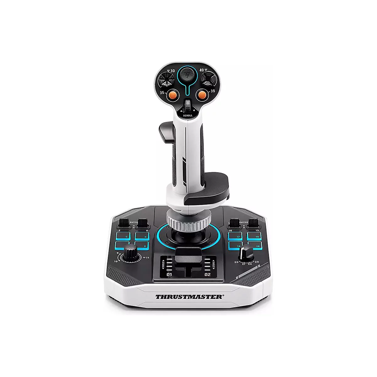 Schwarz-weißer Thrustmaster Flightstick mit zahlreichen Knöpfen und Schaltern auf quadratischer Basis.