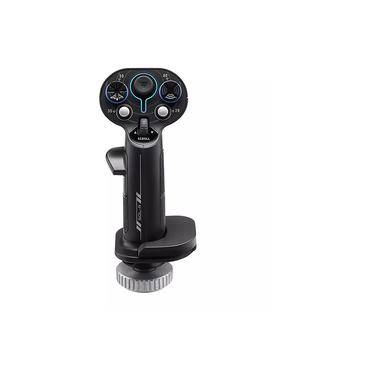 Schwarzer Gaming-Joystick mit blau beleuchtetem Griff, Tasten und Scrollrad vor weißem Hintergrund.