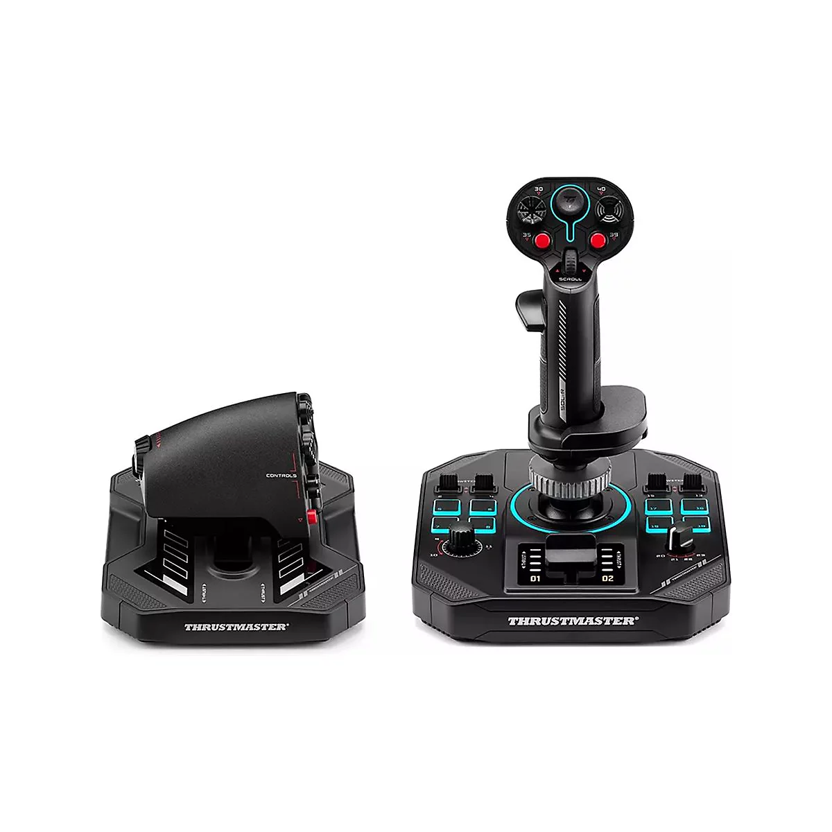Schwarzer Thrustmaster Joystick mit Schubregler vor weißem Hintergrund.