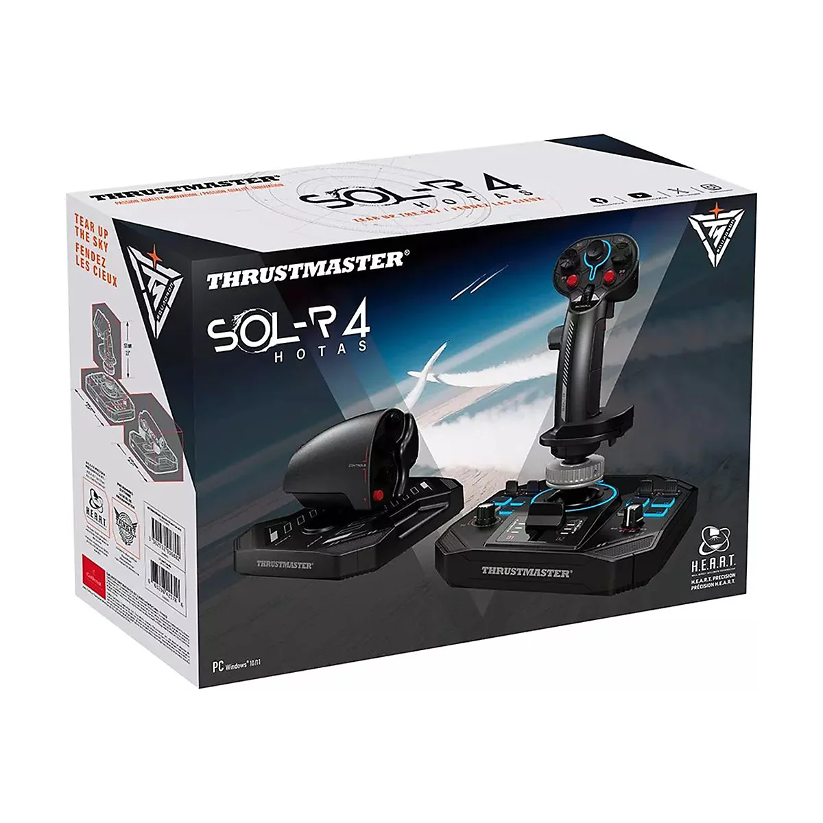 Produktverpackung eines Thrustmaster SOL-R4 HOTAS Flugsimulator-Joysticks mit Schubregler.