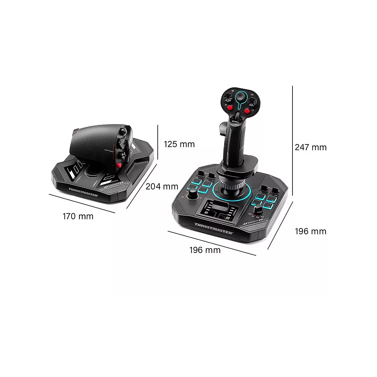 Thrustmaster Joystick und Schubregler vor weißem Hintergrund mit bemaßten Abmessungen in Millimetern.