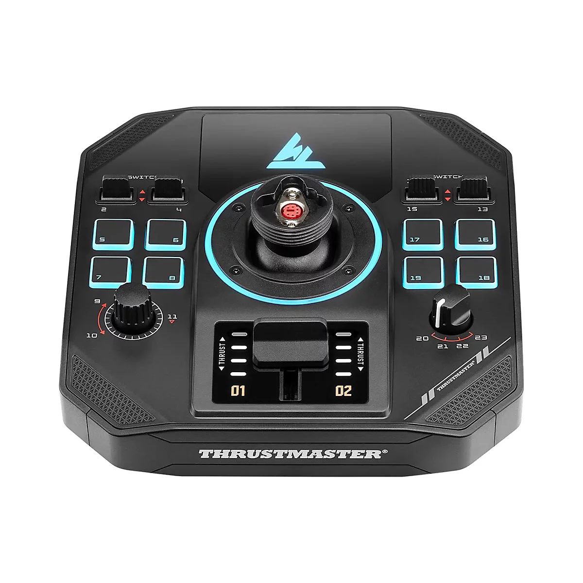 Schwarzes Thrustmaster Flugsteuerungs-Panel mit beleuchteten Tasten, Drehreglern und zwei Schubhebeln vor weißem Hintergrund.