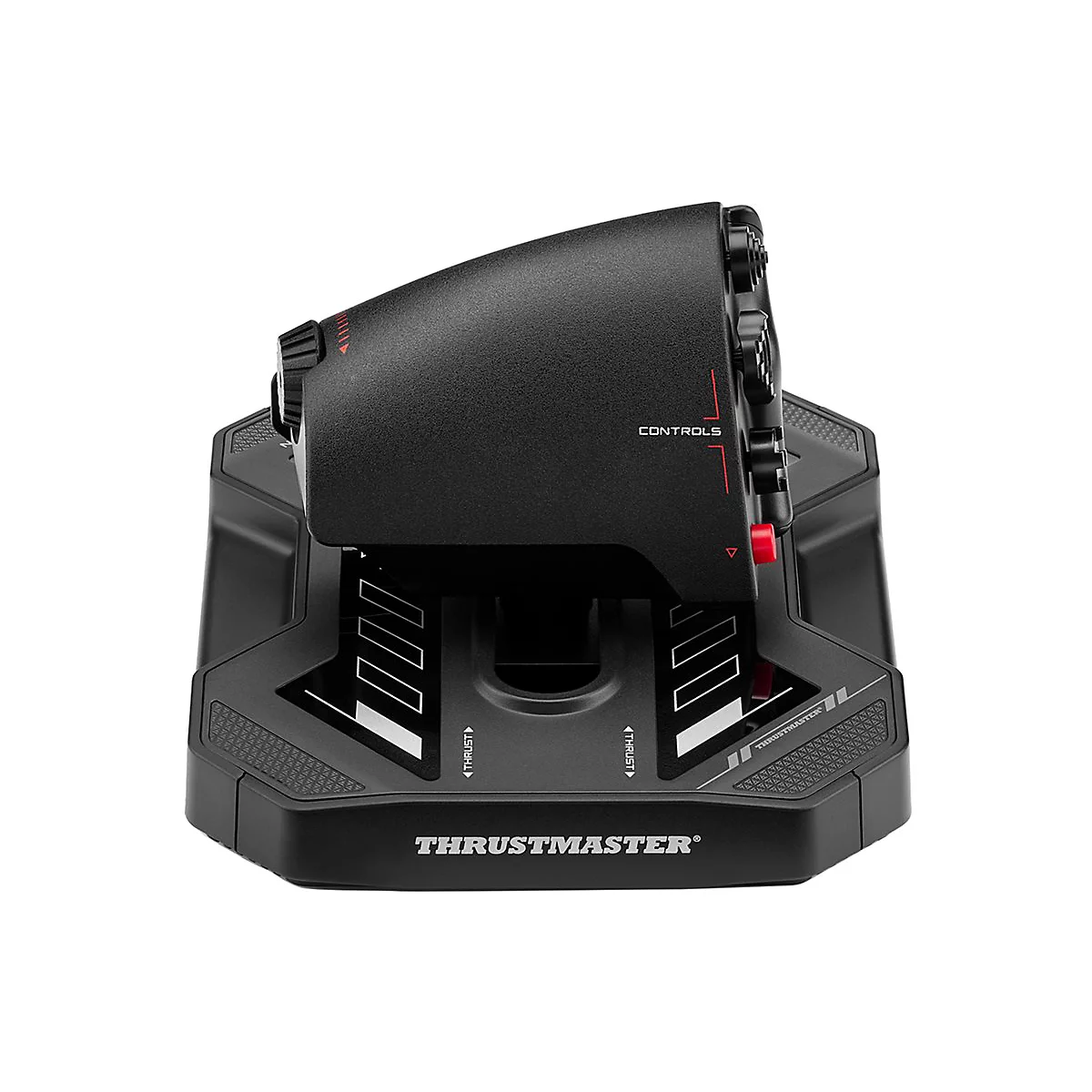 Schwarzer Thrustmaster Schubregler auf einer rechteckigen Basis vor weißem Hintergrund.