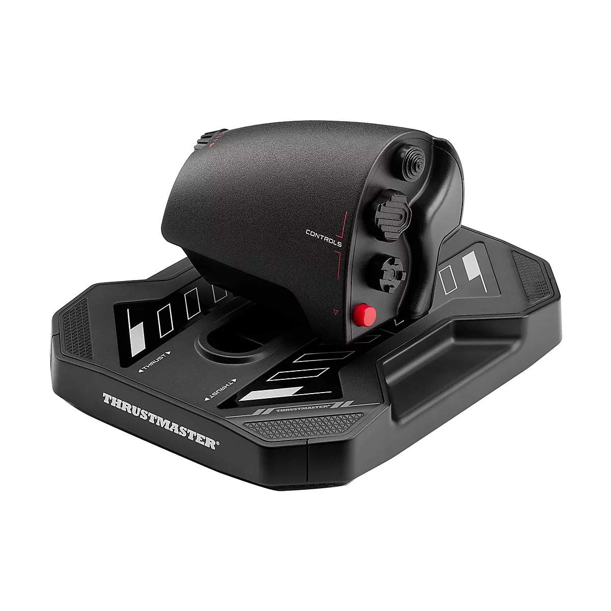 Schwarzer Schubregler von Thrustmaster mit Knöpfen, Tasten und Beschriftungen auf einer Basis vor weißem Hintergrund.