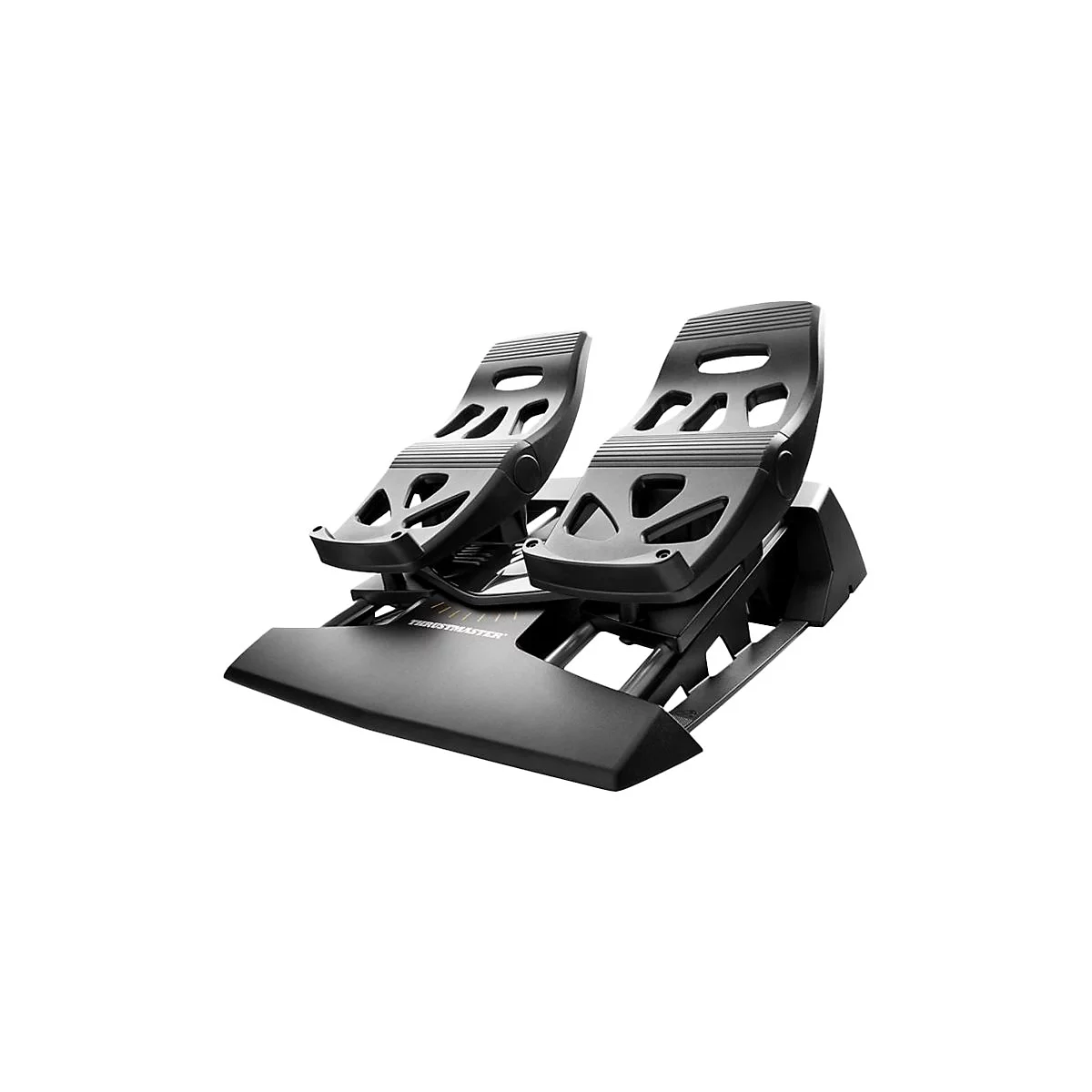 Schwarze Pedale für Gaming. Zwei Fussstützen mit Aussparungen, unterhalb eine Basis mit Schriftzug.