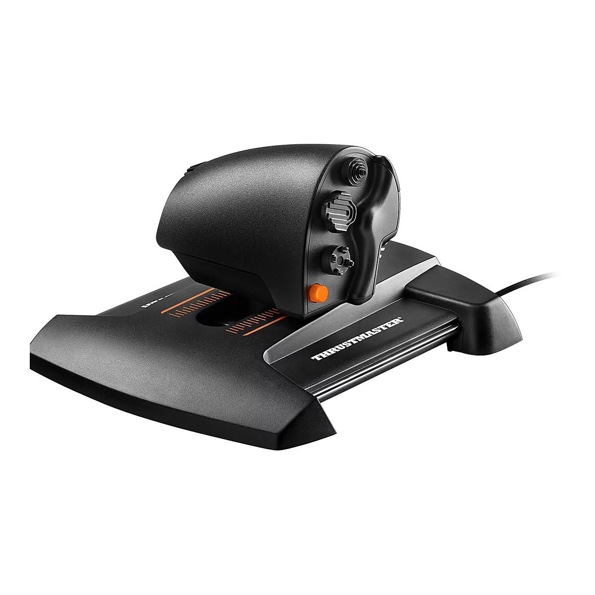 Schwarzer Joystick mit Orangenfarbenen Akzenten und der Aufschrift Thrustmaster.