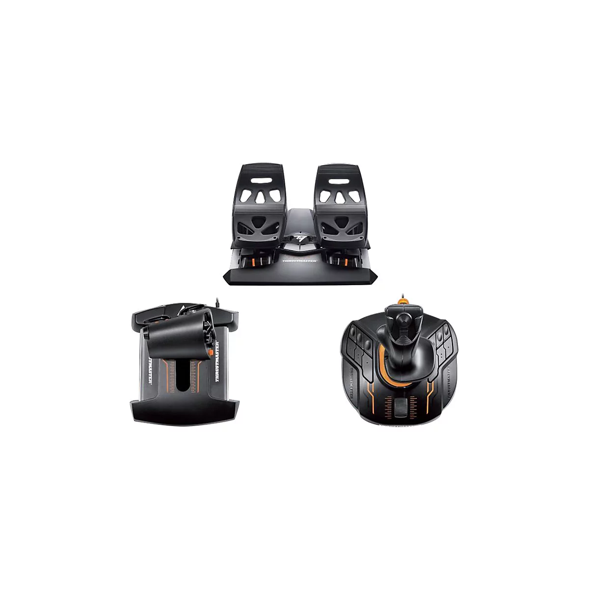 Drei verschiedene Perspektiven eines schwarzen Thrustmaster-Flugsimulations-Set, mit Pedalen, einem Steuerknüppel und einem Gashebel.