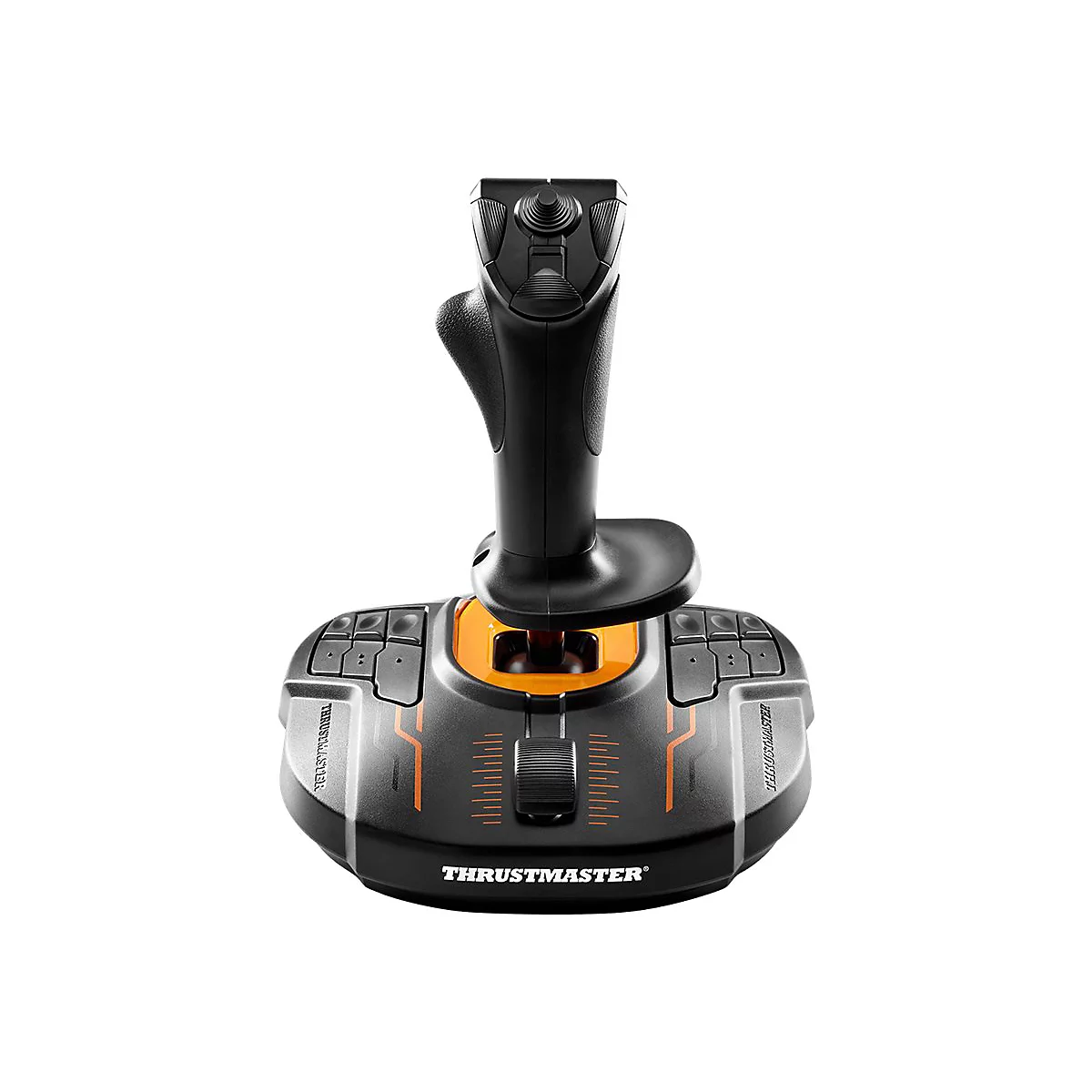 Schwarzer Joystick mit orangefarbenen Akzenten. Auf der Basis steht "THRUSTMASTER".