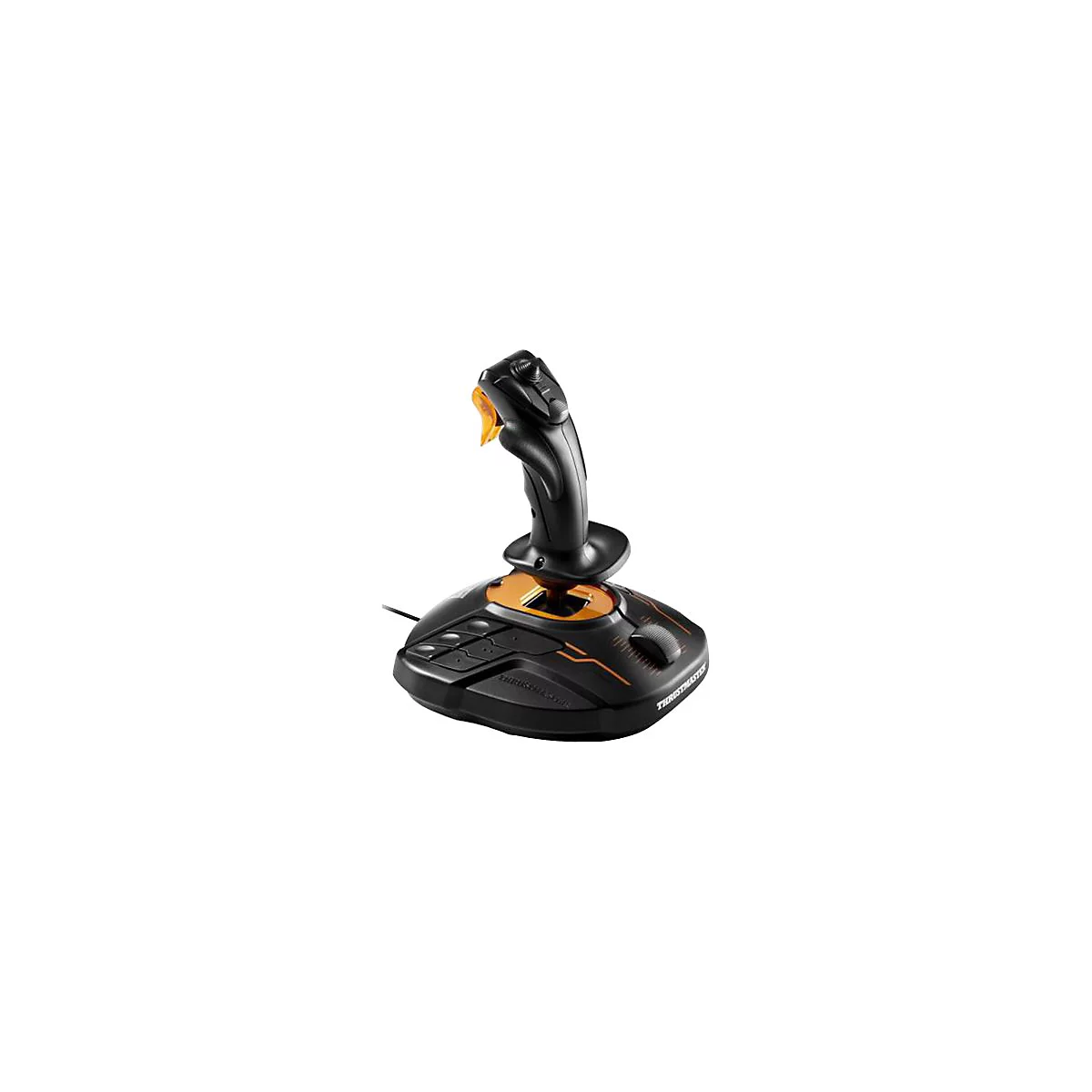 Schwarzer Gaming-Joystick von Thrustmaster mit orangenen Akzenten vor weißem Hintergrund.