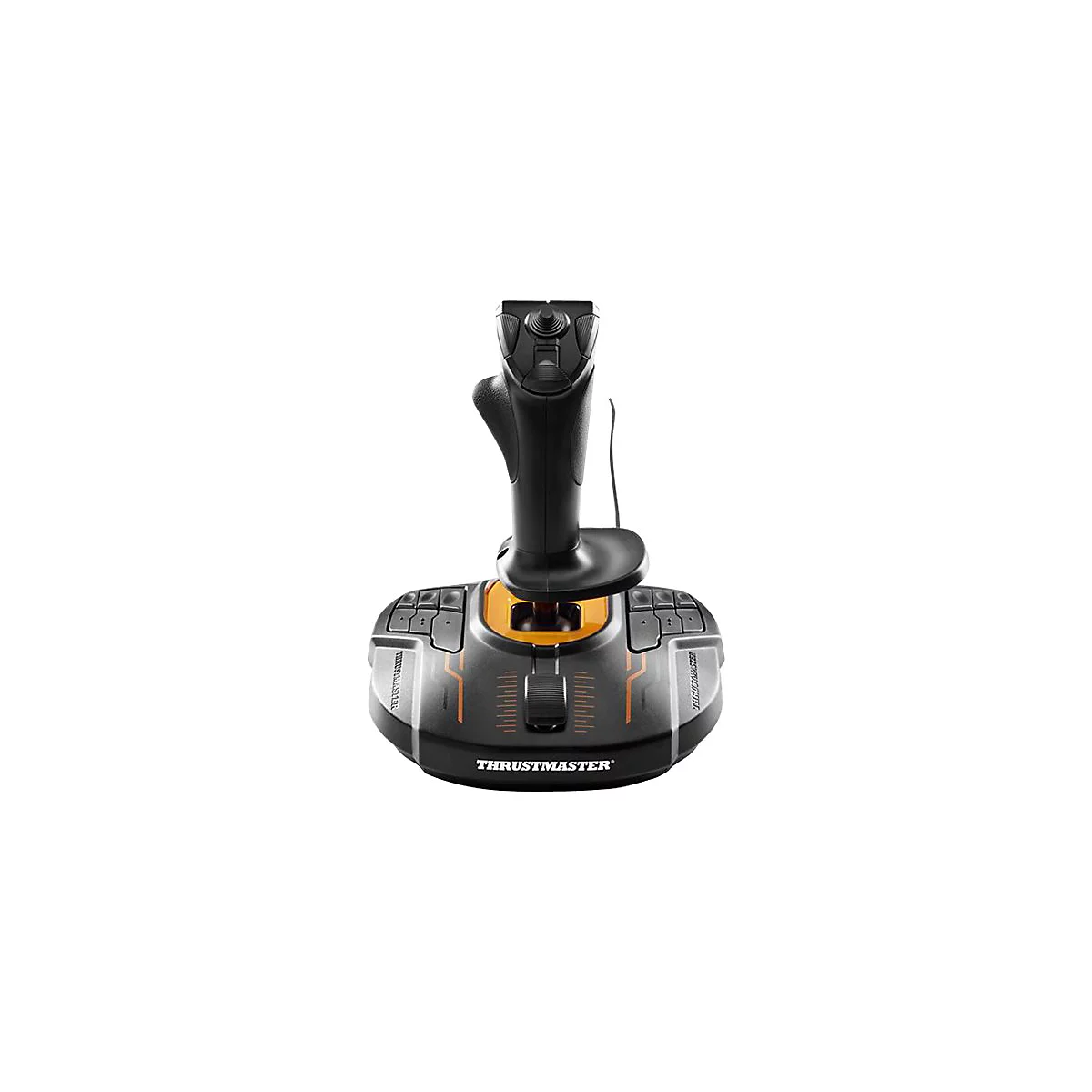 Schwarzer Thrustmaster Joystick mit orangen Akzenten auf weißem Hintergrund.