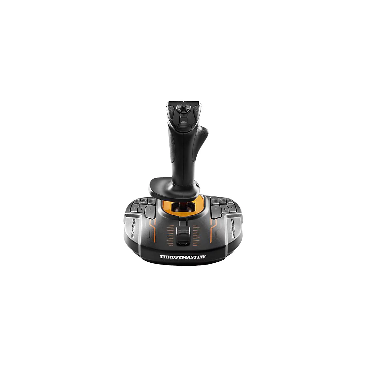 Schwarzer Thrustmaster Joystick mit orangefarbenen Akzenten und mehreren Tasten auf einer breiten Basis.