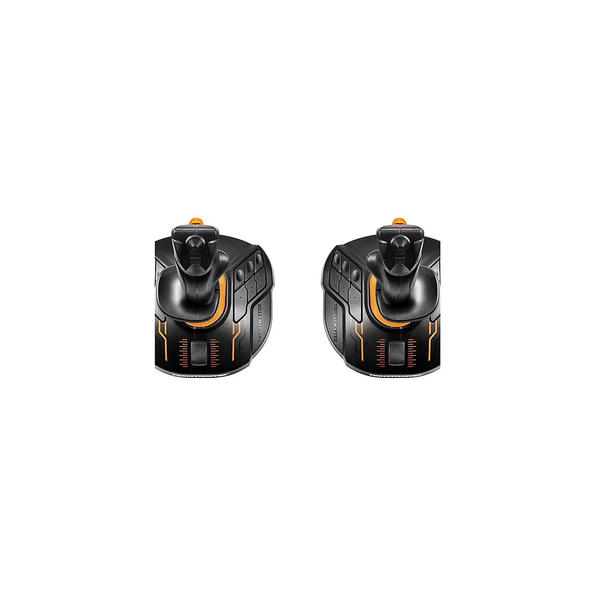 Zwei schwarze Joysticks mit orangenen Akzenten, die fÃ¼r Computerspiele verwendet werden.