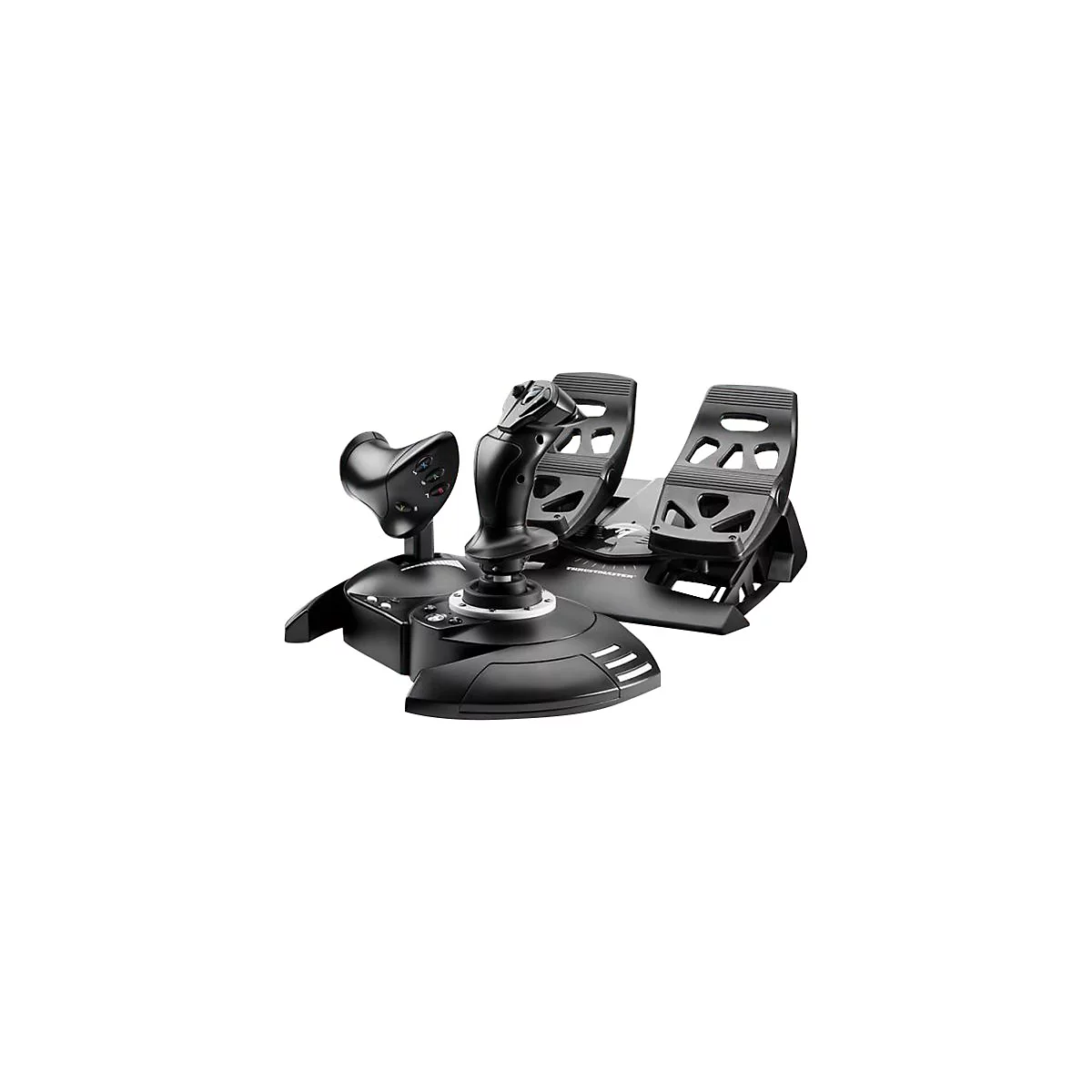 Thrustmaster Flight-Set bestehend aus Joystick, Schubregler und Ruderpedalen in Schwarz auf weißem Grund.
