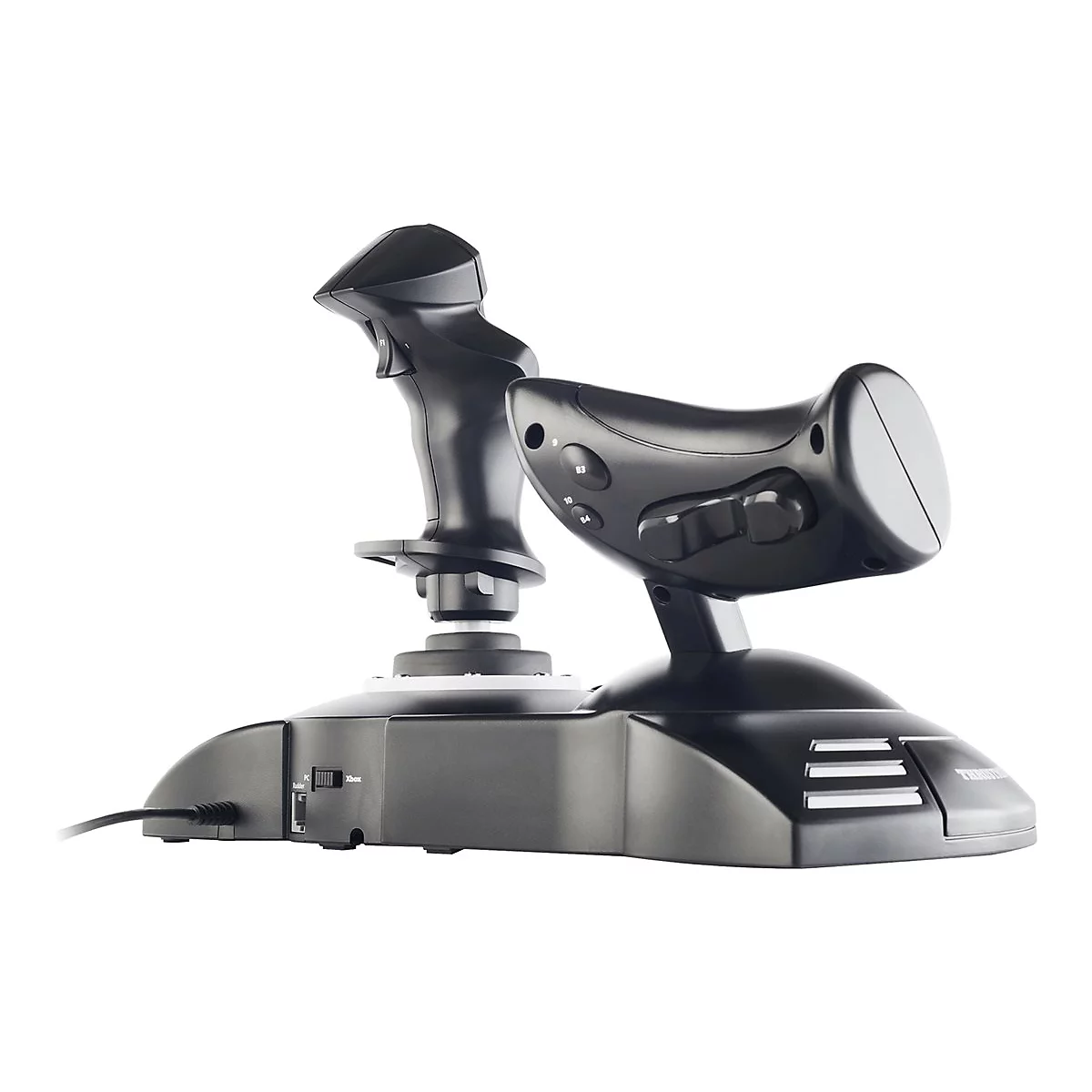 Schwarzer Gaming-Joystick und Schubregler in einer Einheit auf weißem Hintergrund.