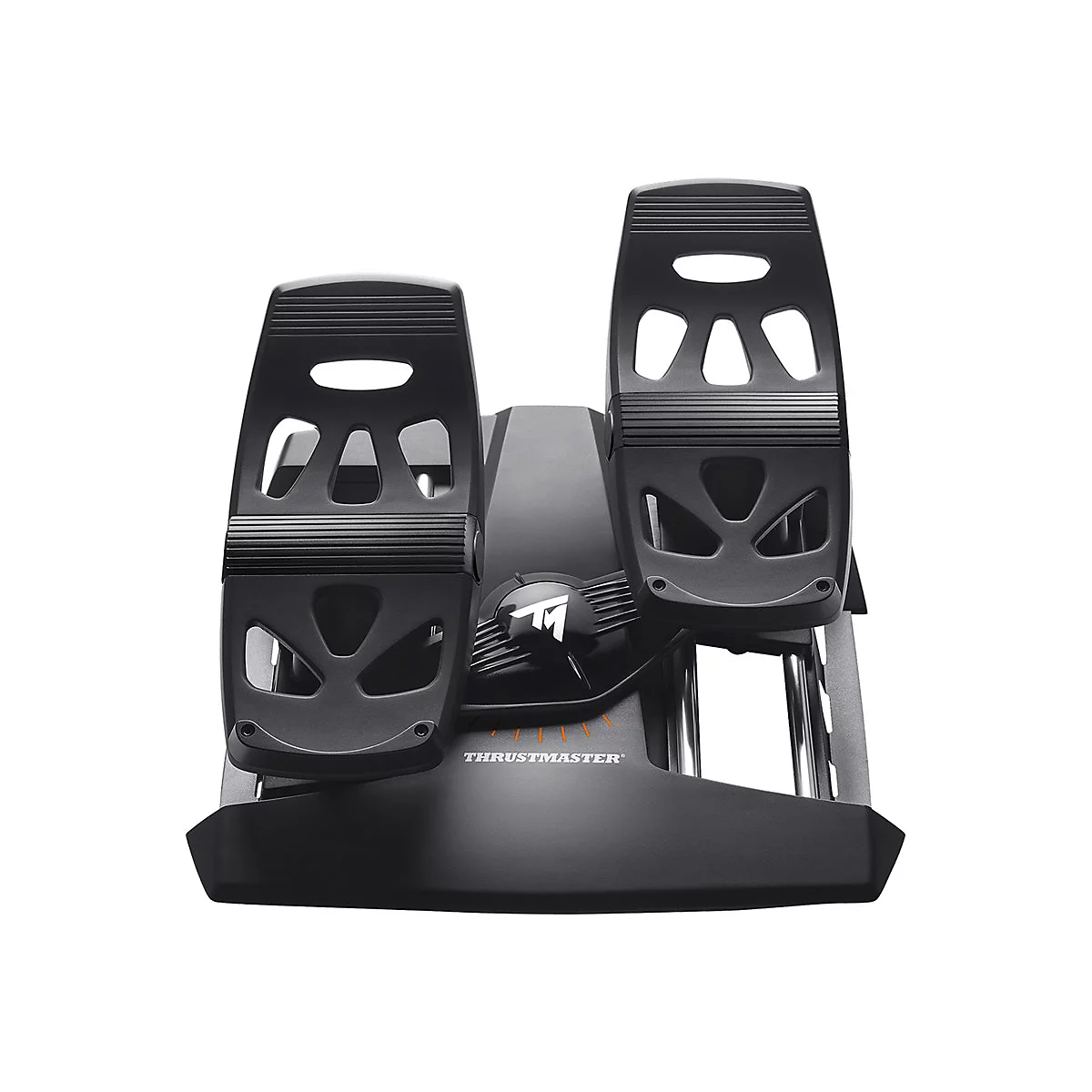Schwarze Thrustmaster Flugsimulator-Pedale vor neutralem Hintergrund.