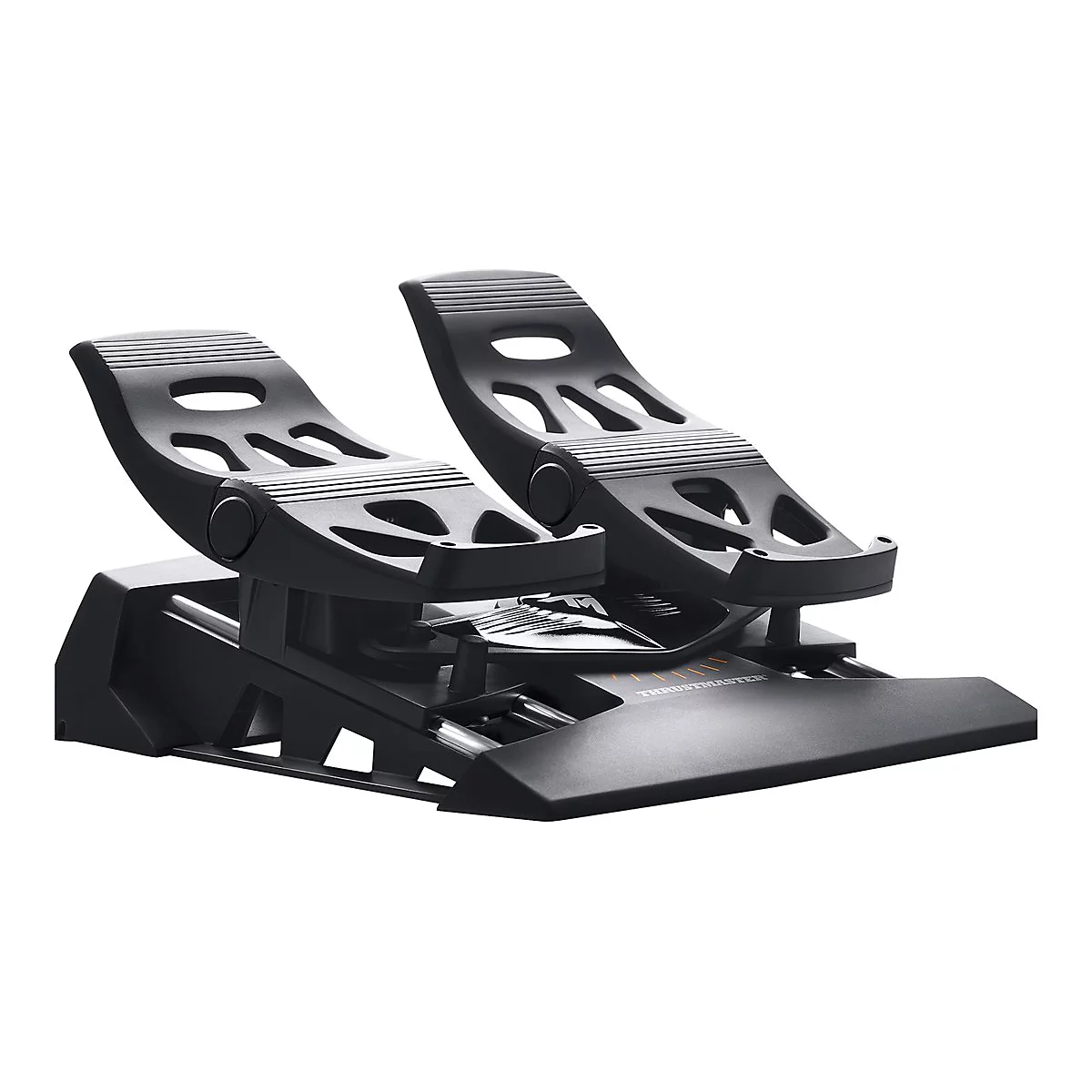 Schwarze Flugsimulator-Pedale von Thrustmaster auf weißem Hintergrund.
