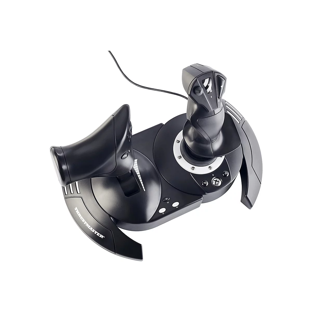 Schwarzer Thrustmaster Flight-Stick mit Gashebel auf weißem Hintergrund.