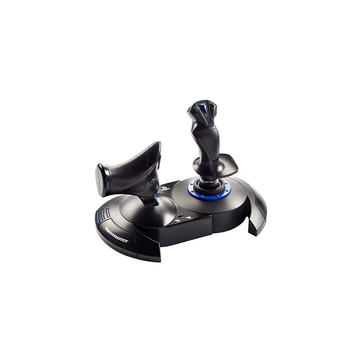 Schwarzer Flightstick mit blauem Detail und Logo, auf weiÃŸem Hintergrund.