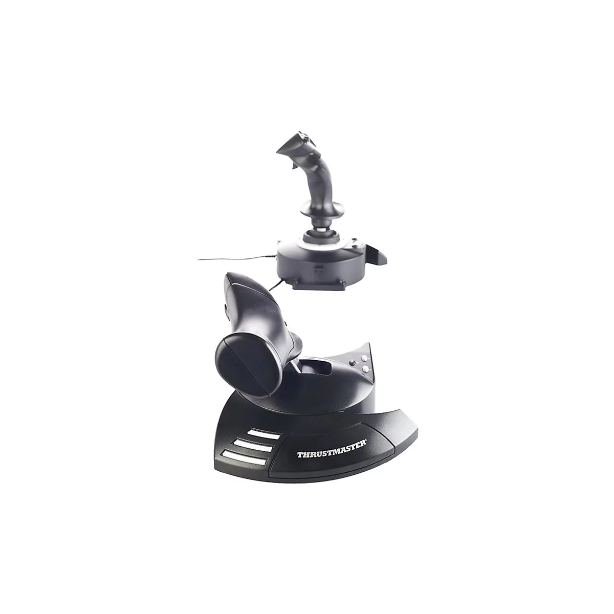 Schwarzer Flightstick und Schubregler auf weiÃŸem Hintergrund. Die Marke Thrustmaster ist sichtbar.