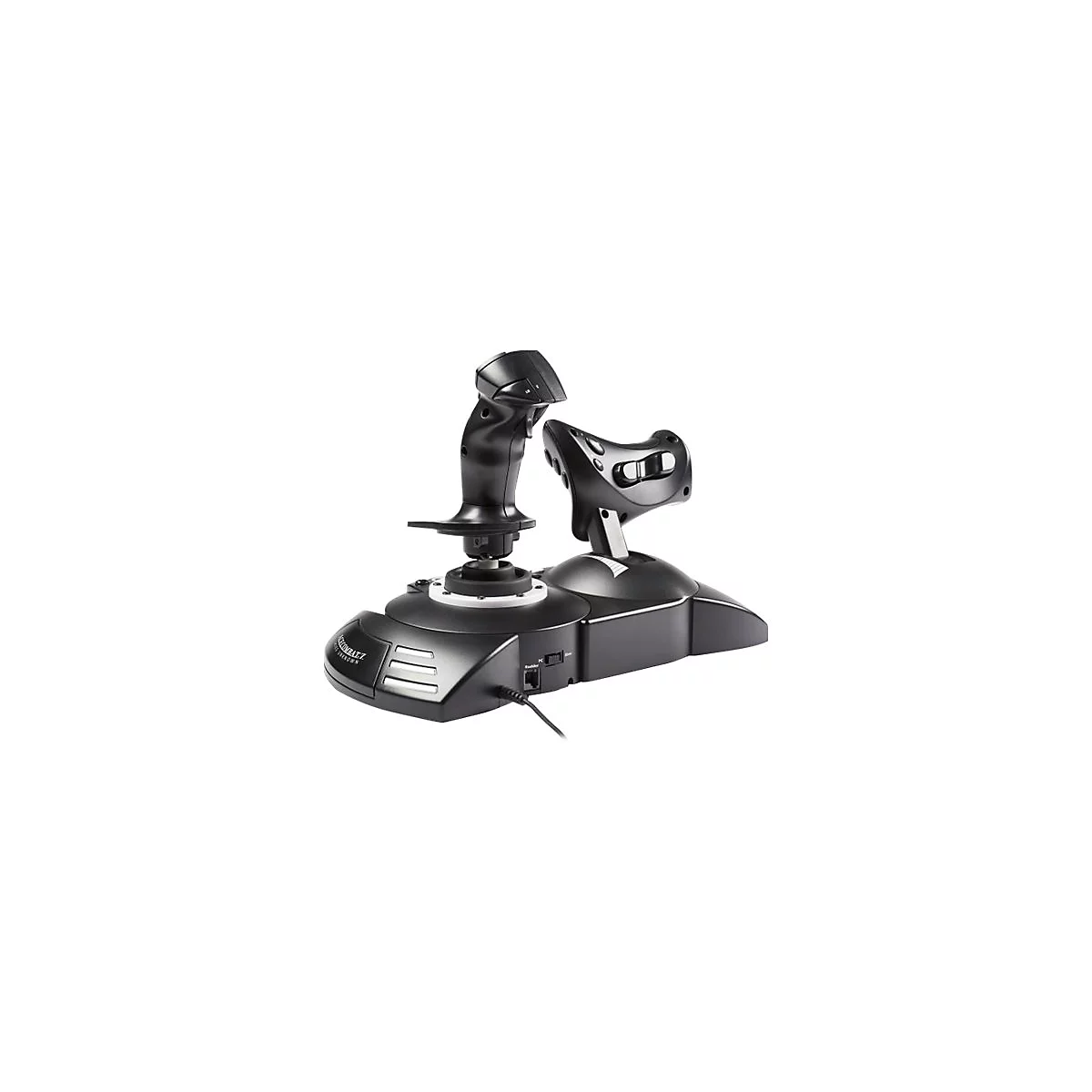 Schwarzer Flightstick-Controller mit Joystick und Schubregler auf weißem Hintergrund.