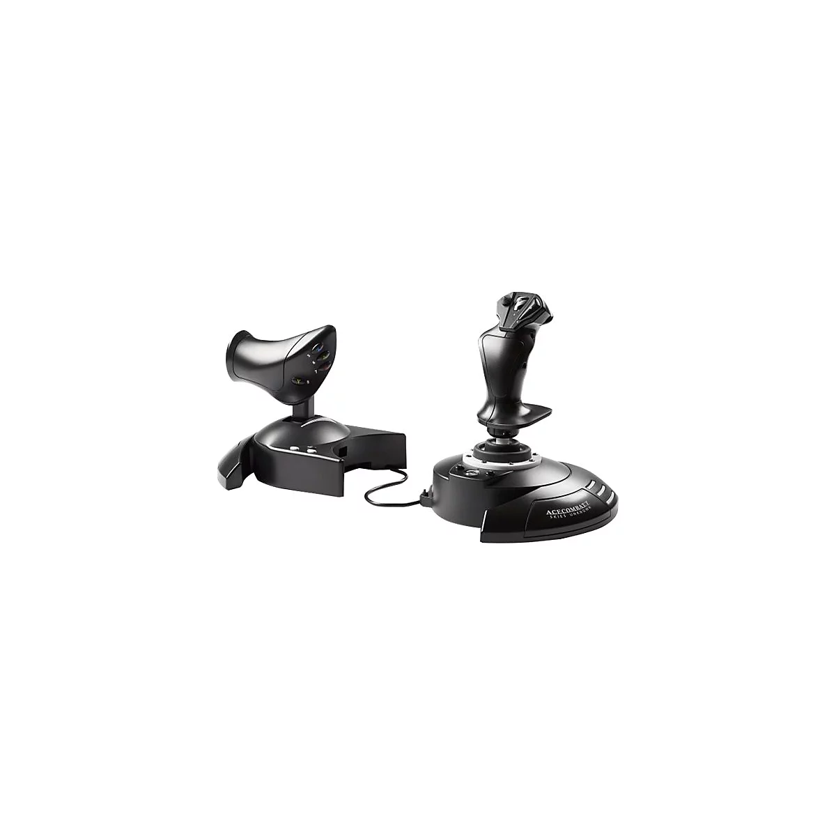 Zwei schwarze Joysticks für Videospiele. Einer ist breit und hat Tasten, der andere ist hoch mit einer Form, die einer Hand ähnelt.