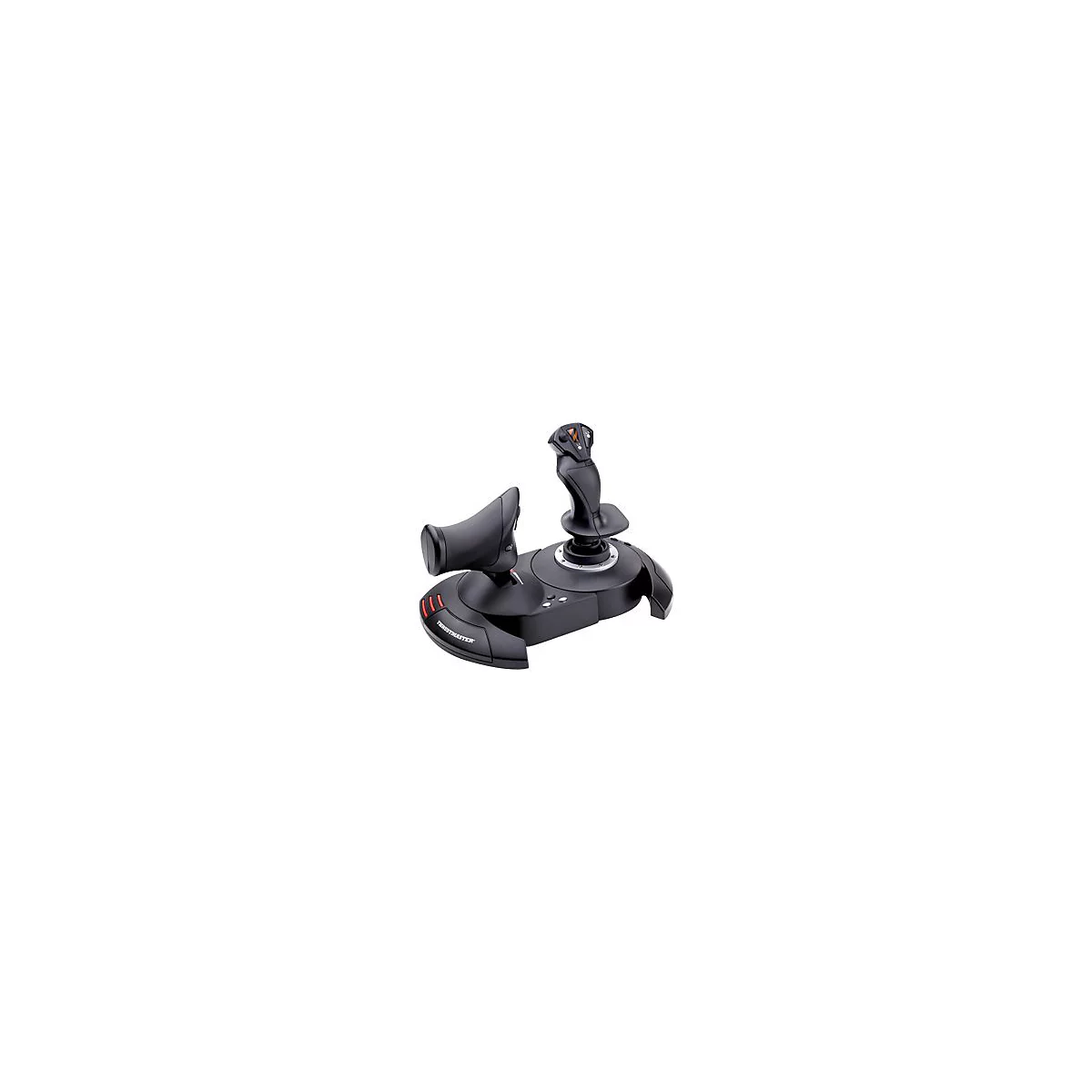 Schwarzer Thrustmaster Flight-Stick mit Schubregler auf einer Basis vor weißem Hintergrund.