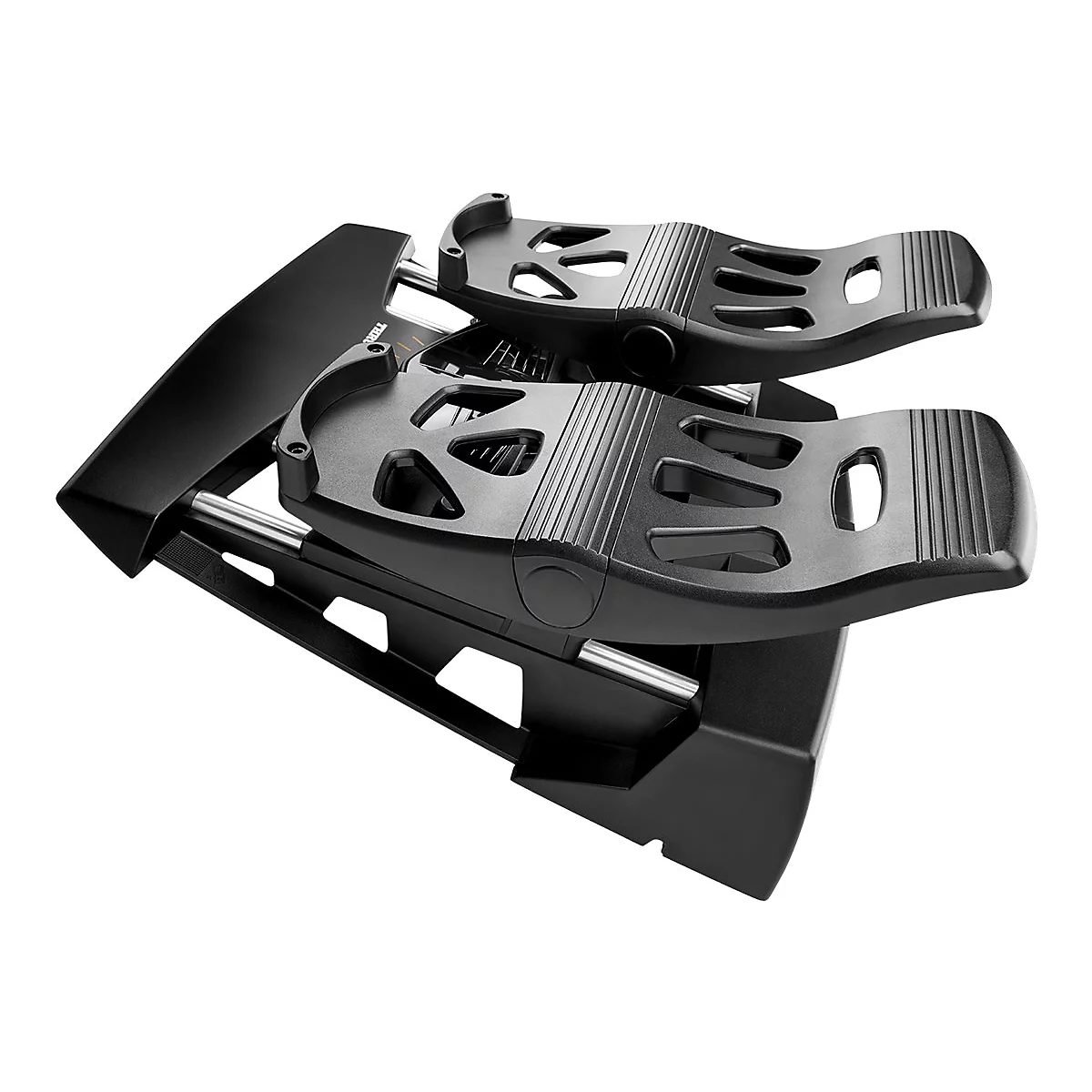 Schwarze Flugsimulator-Pedale mit Metallschienen auf weißem Hintergrund.