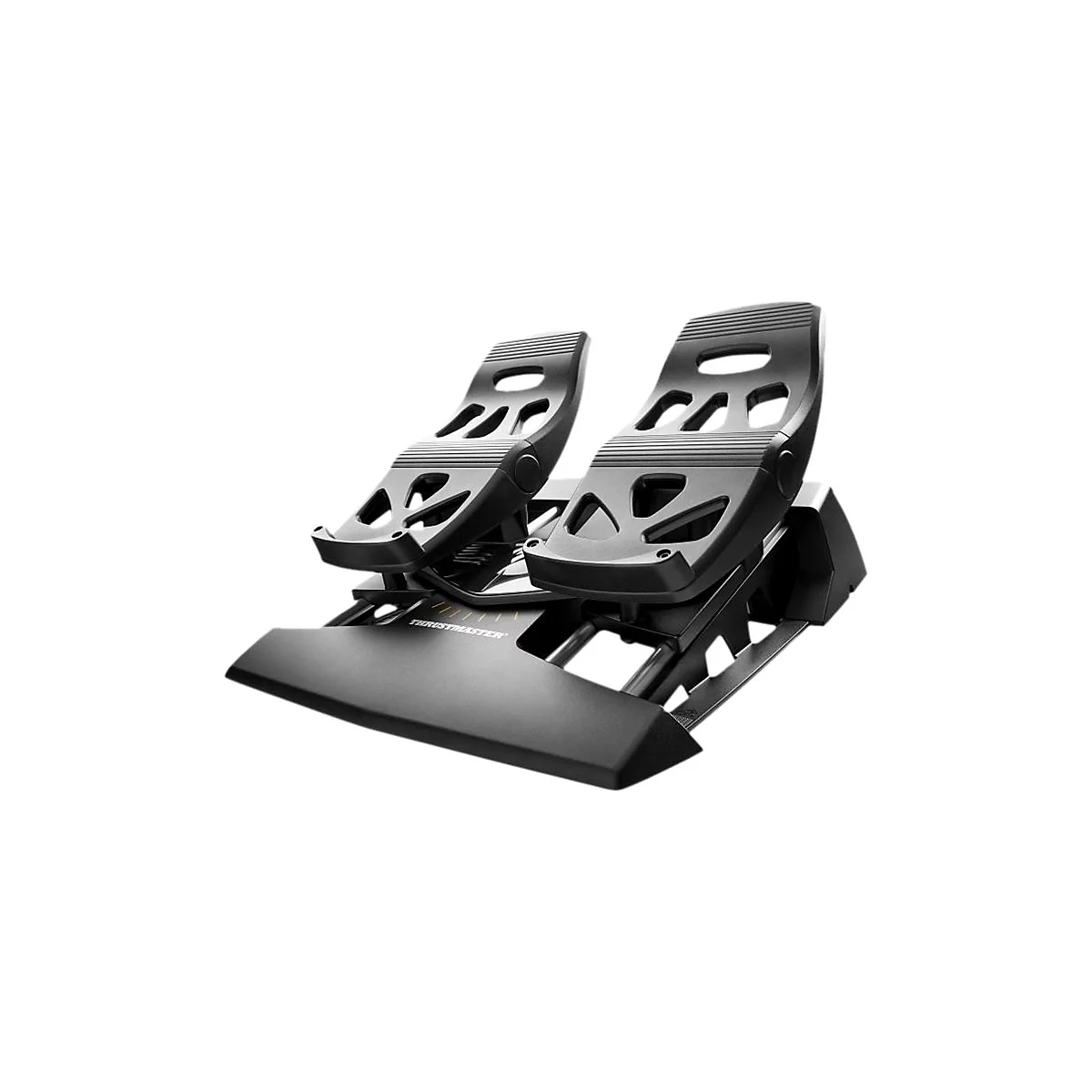 Schwarze Thrustmaster Flugsimulator-Pedale auf weißem Hintergrund.
