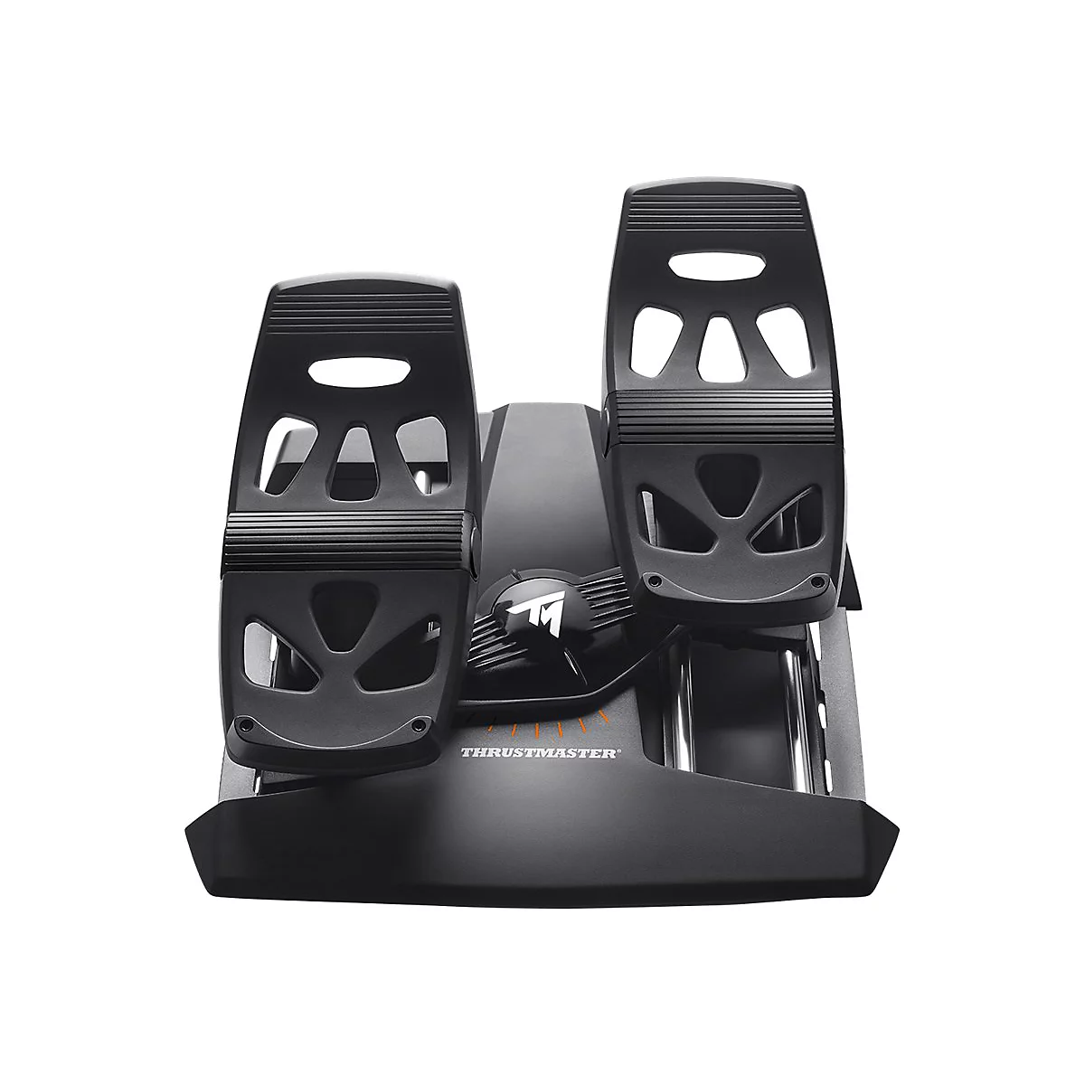 Schwarzes Thrustmaster Pedalsystem für Flugsimulationen auf weißem Hintergrund.