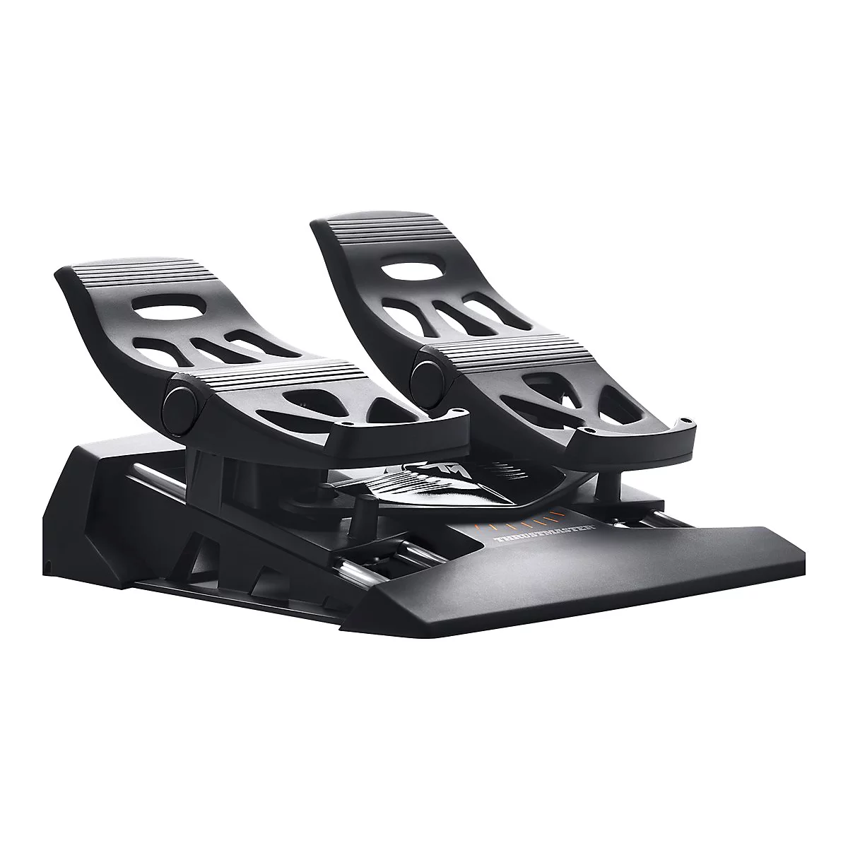 Schwarze Thrustmaster Flugsimulationspedale vor weißem Hintergrund.