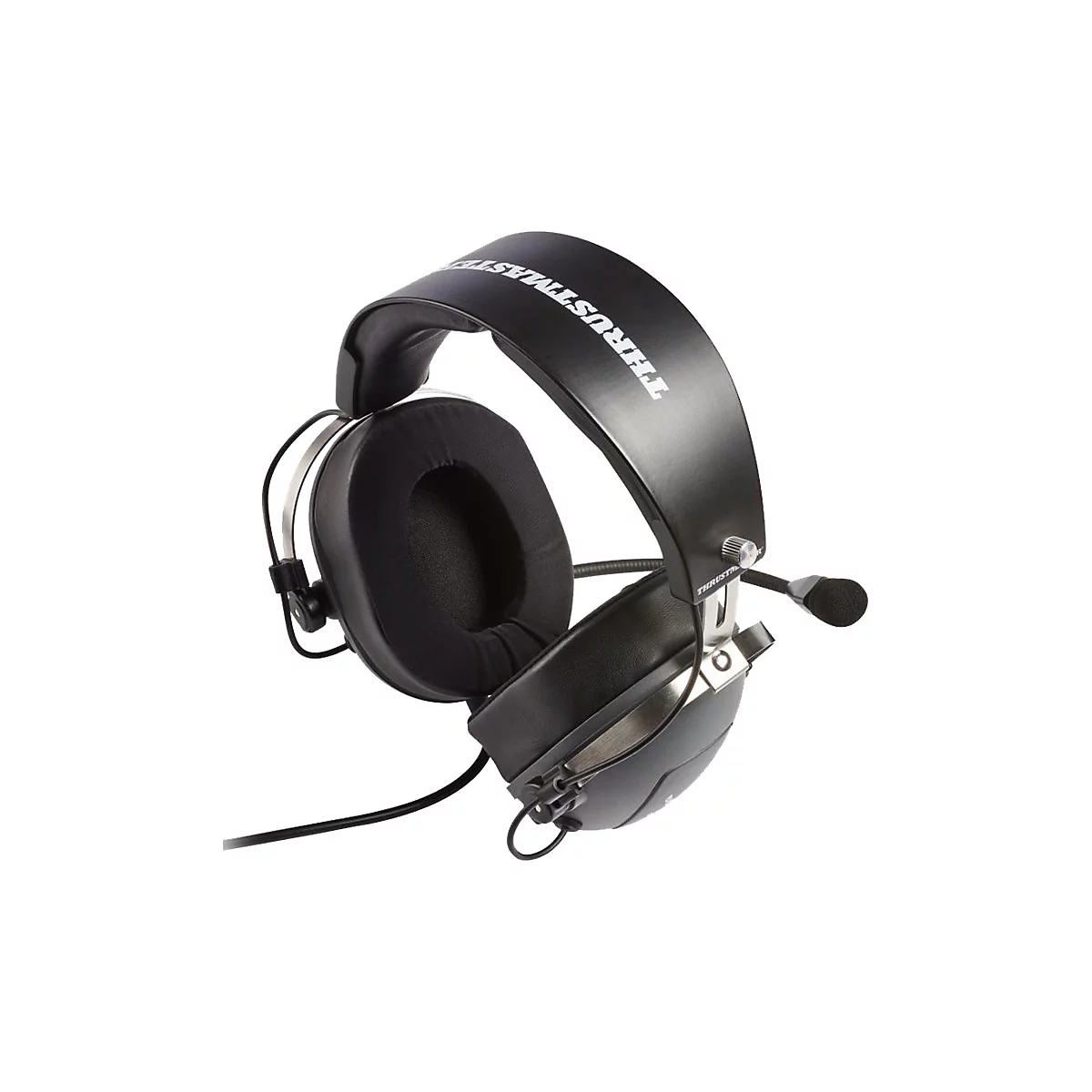 Schwarzes Thrustmaster Gaming-Headset mit gepolstertem Bügel und Mikrofon vor weißem Hintergrund.