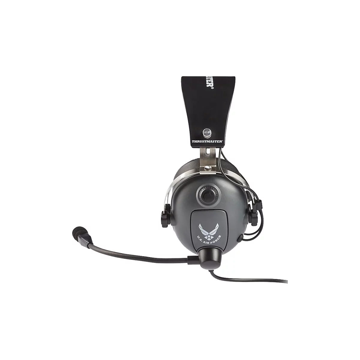 Graues Gaming-Headset im Piloten-Design mit Thrustmaster-Logo und U.S. Air Force Emblem.