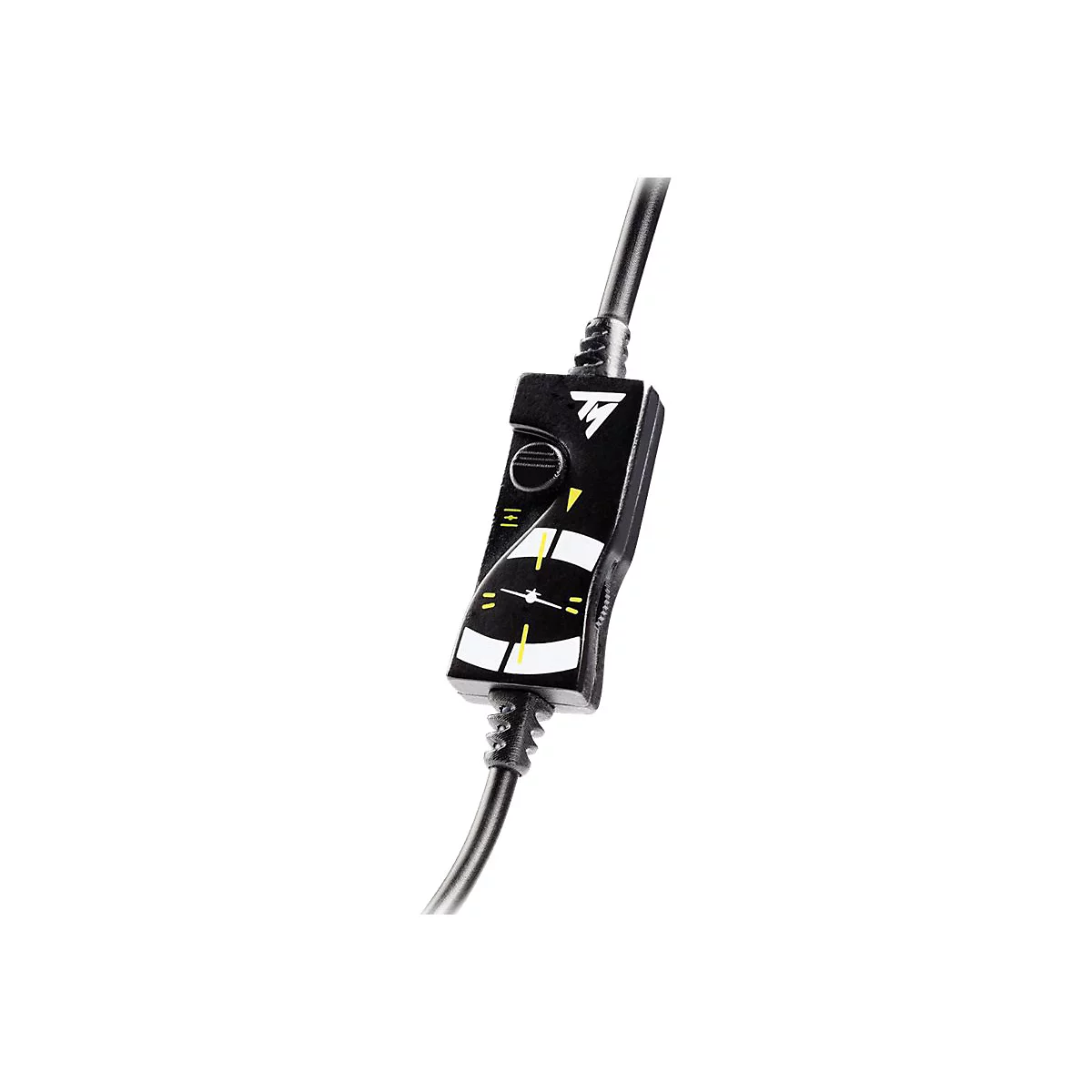 Schwarzes Kabel-Bedienteil mit gelben Symbolen und Einstellrad für Flugsimulator-Hardware.