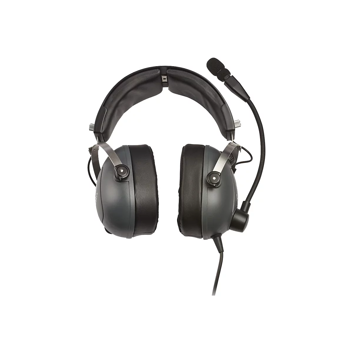 Dunkelgraues Headset mit Mikrofonarm und gepolstertem Kopfband vor weißem Hintergrund.