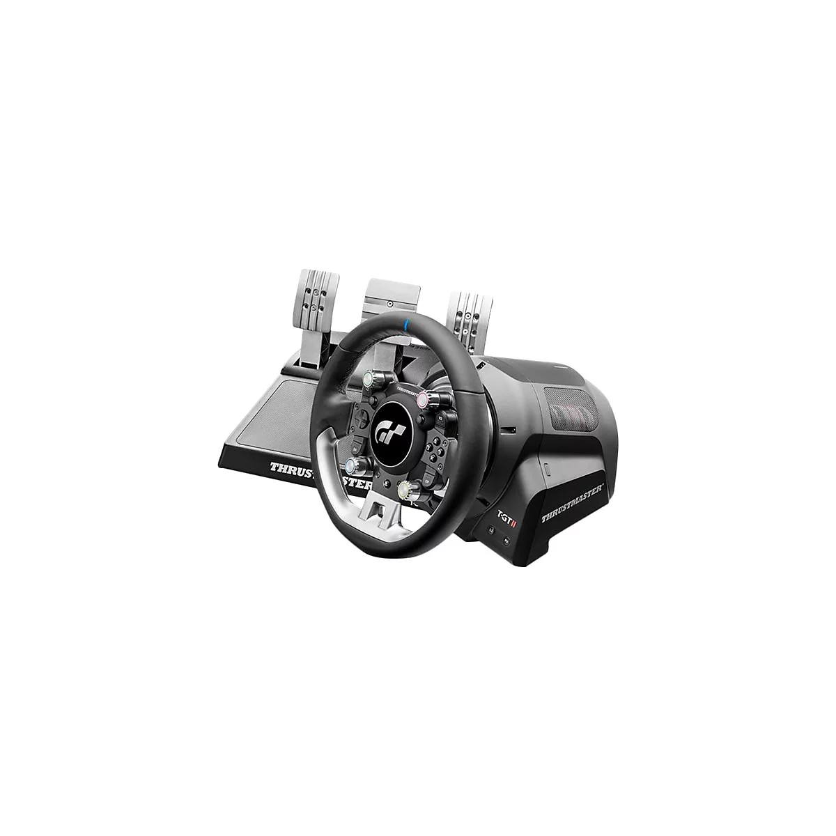 Schwarzes Thrustmaster T-GT II Rennlenkrad mit Pedalerie vor neutralem, weißem Hintergrund.