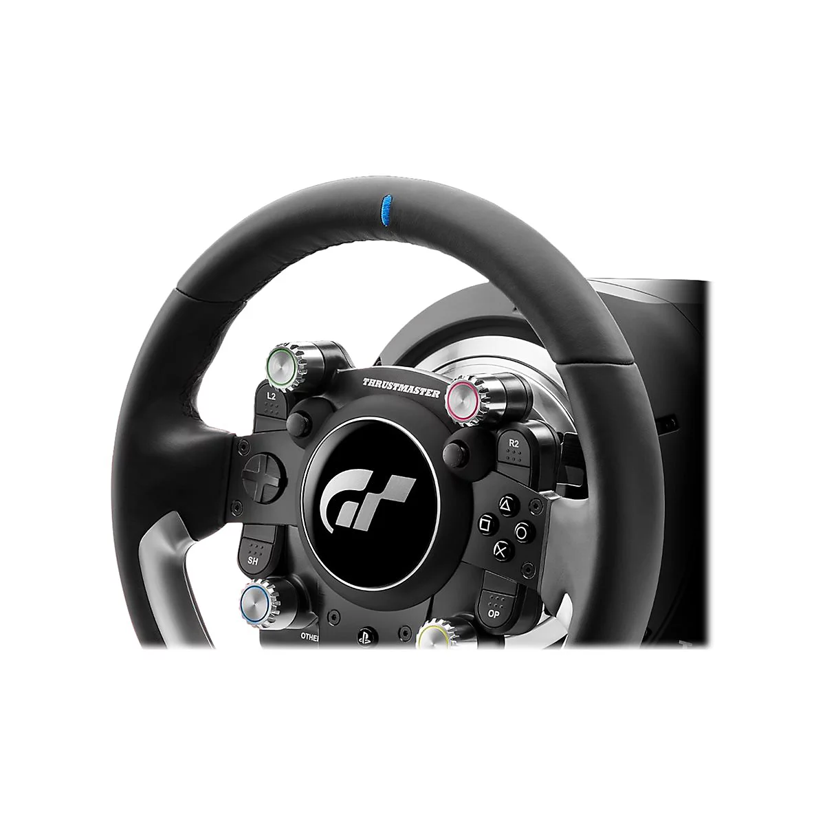 Detailansicht eines schwarzen Thrustmaster Rennlenkrads mit GT-Logo und verschiedenen Bedienelementen.