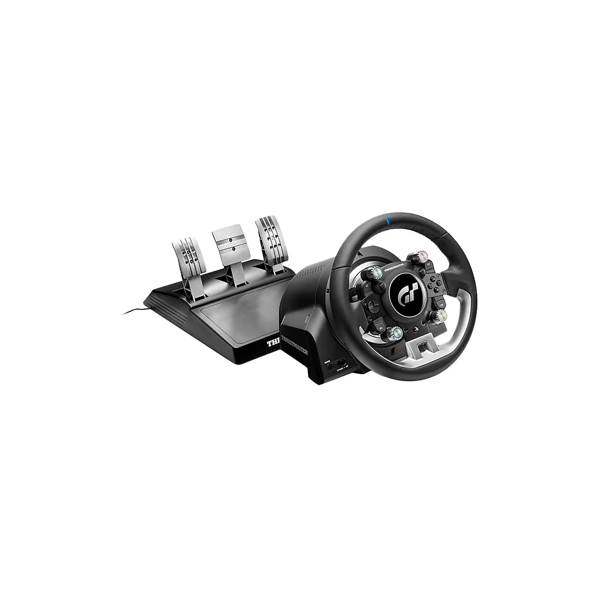 Thrustmaster Rennlenkrad mit Pedaleinheit in Schwarz und Silber vor weißem Hintergrund.