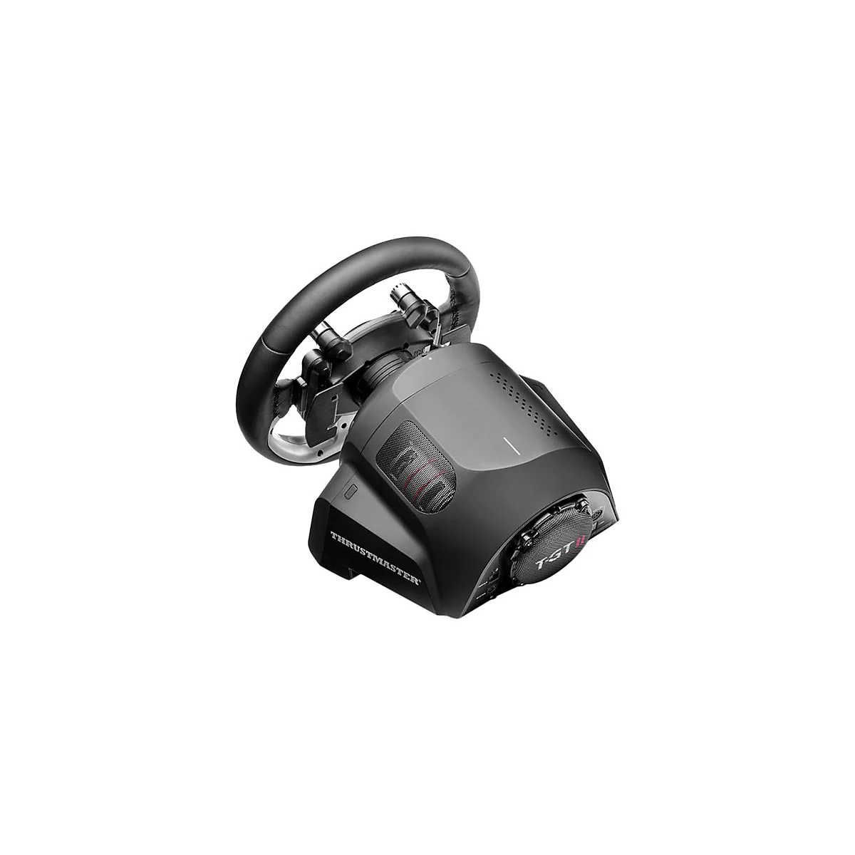 Schwarzes Thrustmaster T-GT Rennlenkrad-System auf weißem Hintergrund.